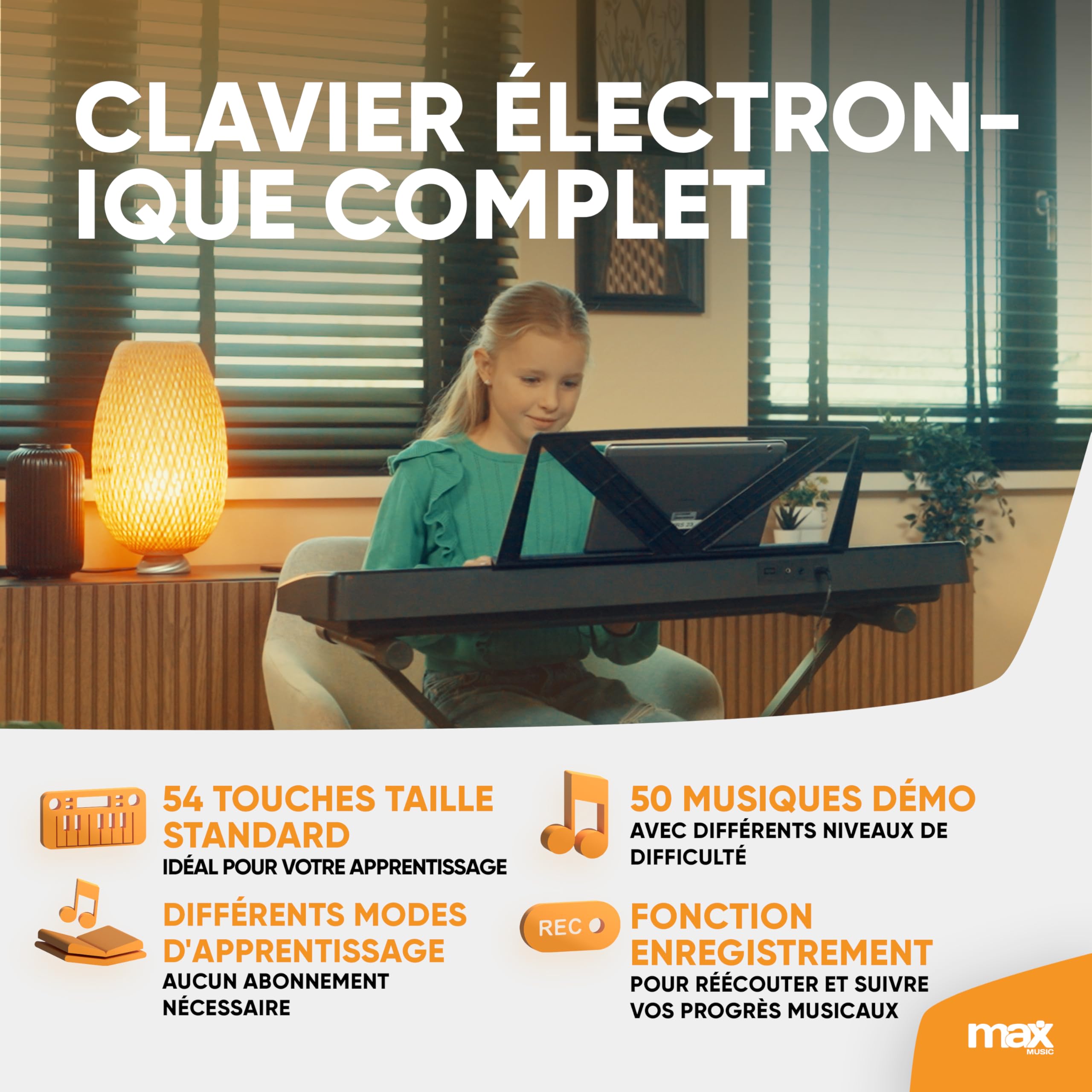 Max Rhapsody54 Clavier Électronique, 54 Touches, Synthétiseur Débutant, Deux Modes d'Apprentissage, Avec Porte-partitions, Deux Haut-parleurs Intégrés, Idéal pour Démarrer votre Apprentissage