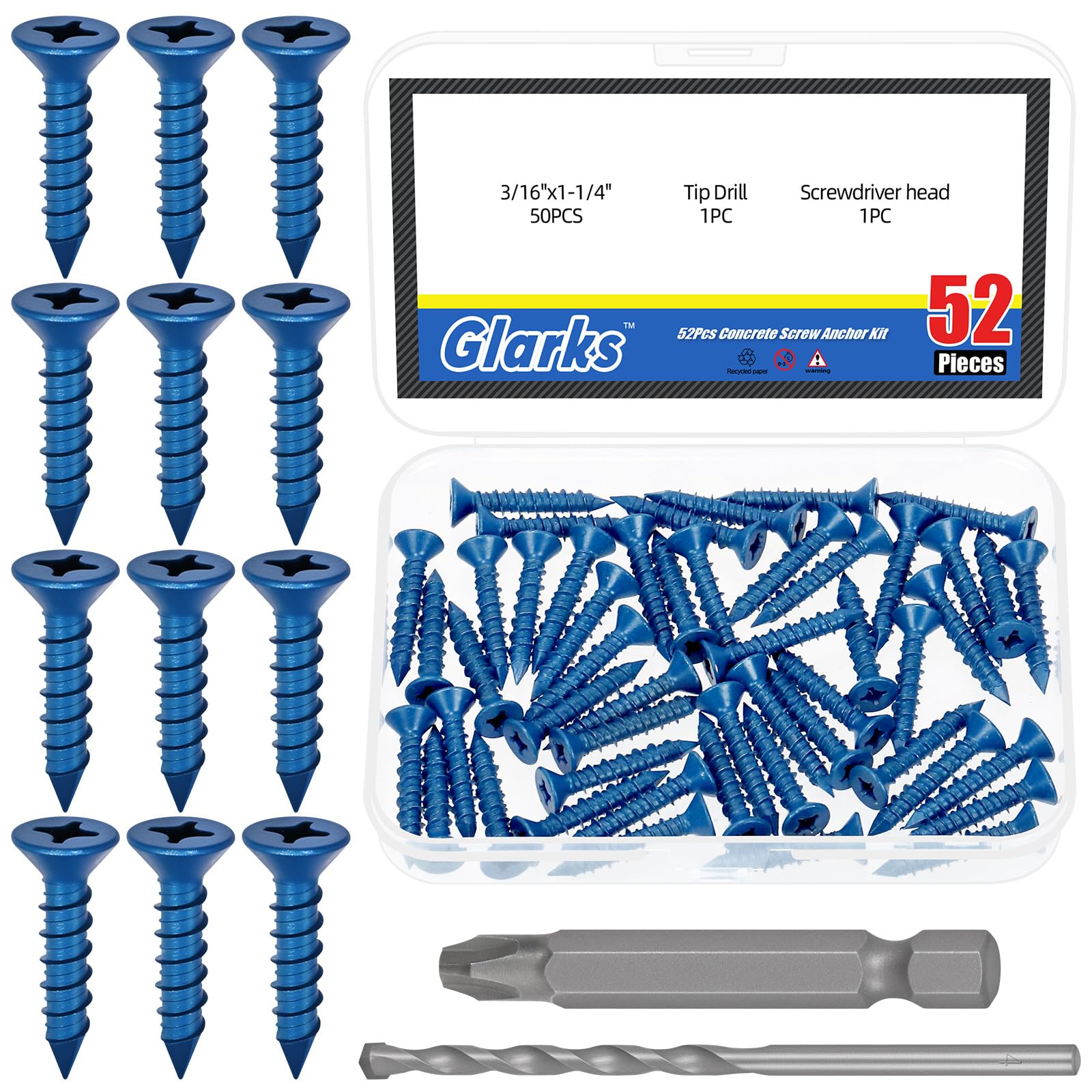 Glarks 52pcs 3/16’’ x 1-1/4’’ Cross Flat Head Concrete Screw Anchor Kit, Blue Heavy-Duty Cement Screws with Drill Bit and PH2 Bit for Anchoring to Masonry, Block, Brick, Cement — image 1