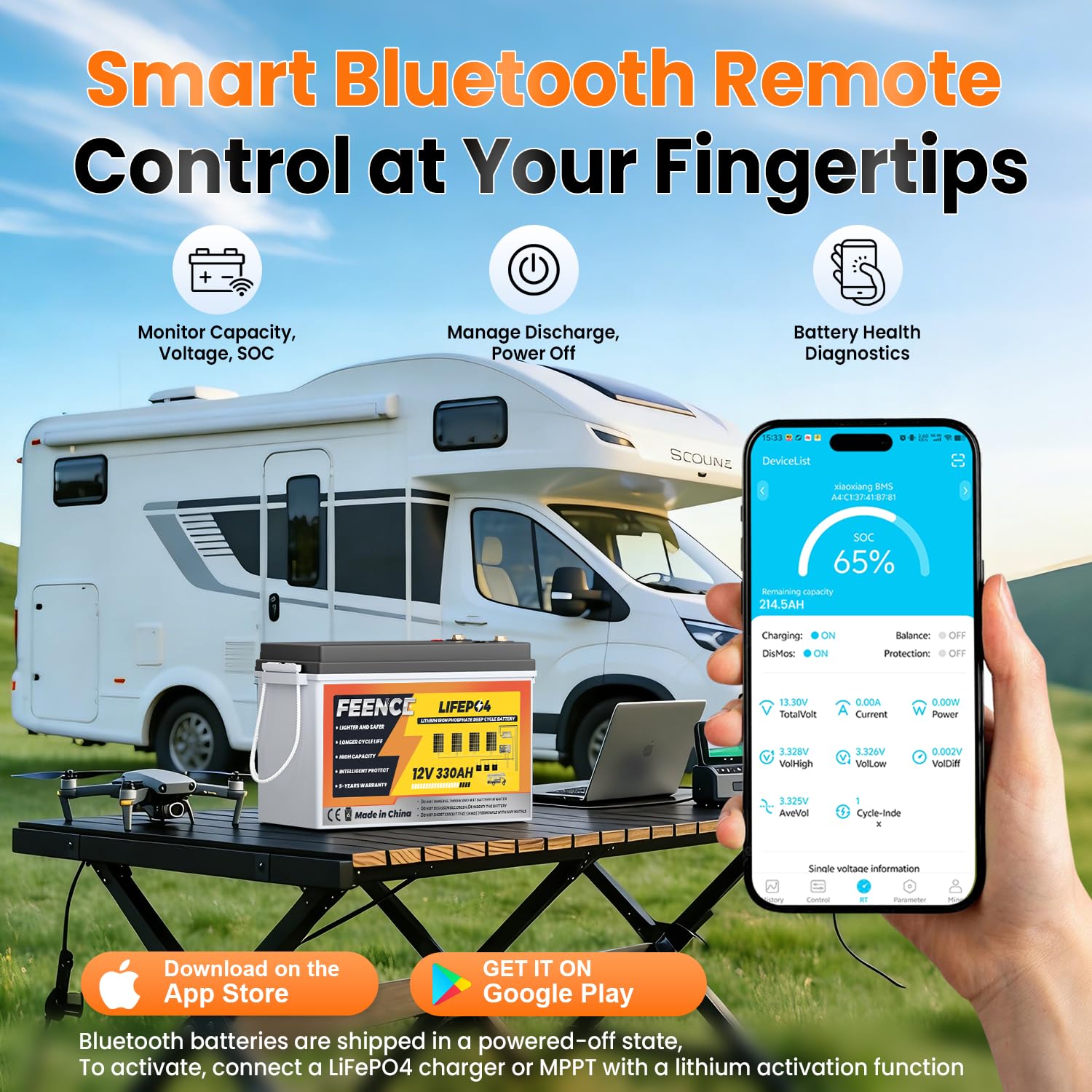 Batería de litio Mini LiFePO4 de 12 V 330 Ah, batería de coche BMS de 200 A, batería de litio Bluetooth, hasta 15000 ciclos, máx. 4224 Wh de energía con corte de baja temperatura, perfecto para