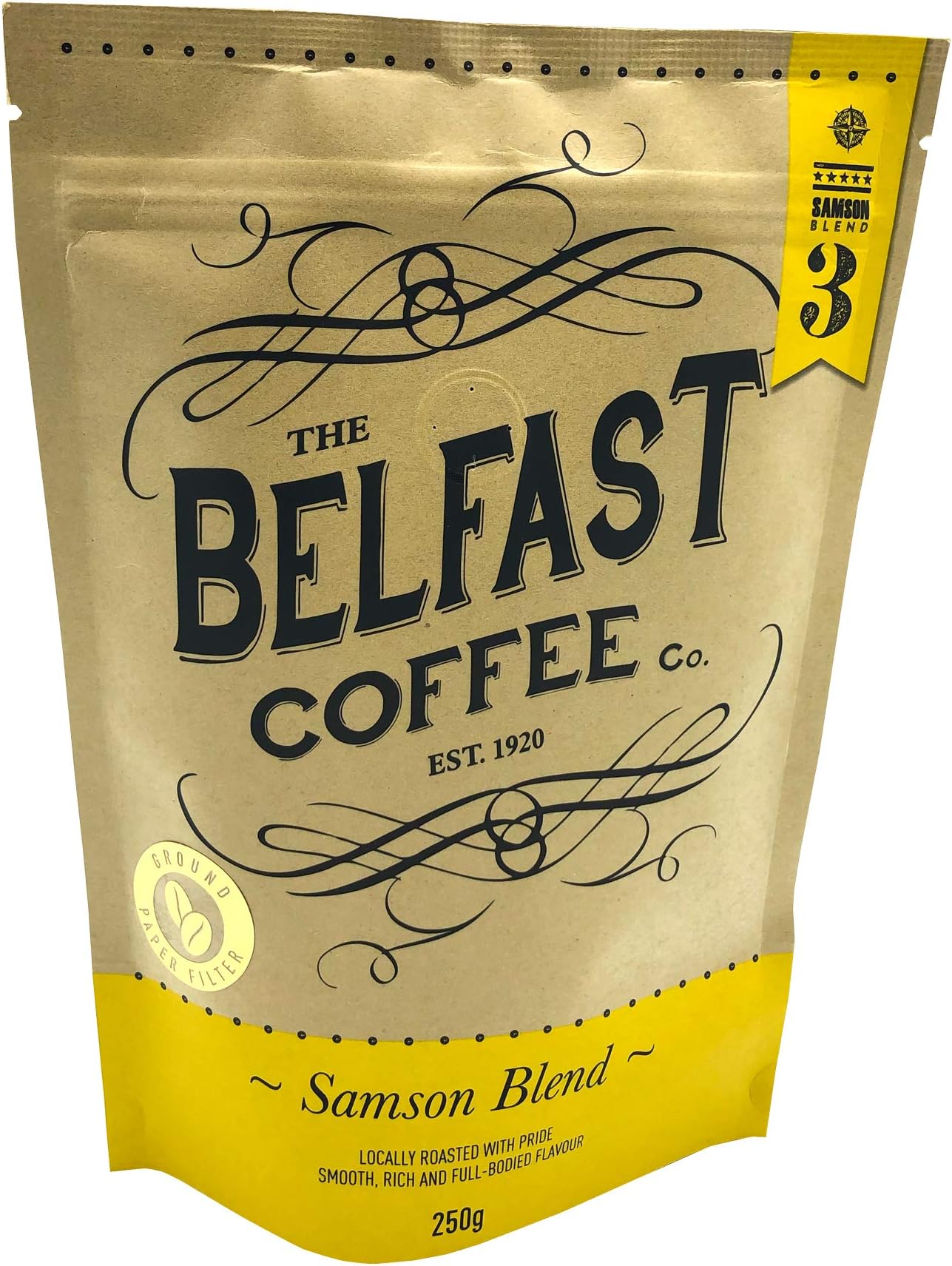 Belfast Coffee Co. Samson Blend Locally Roasted with Pride Smooth, Rich and Full - Bodied Flavour provide a good taste of Dark Chocolate and Caramel to your coffee (Ground Filter Paper)