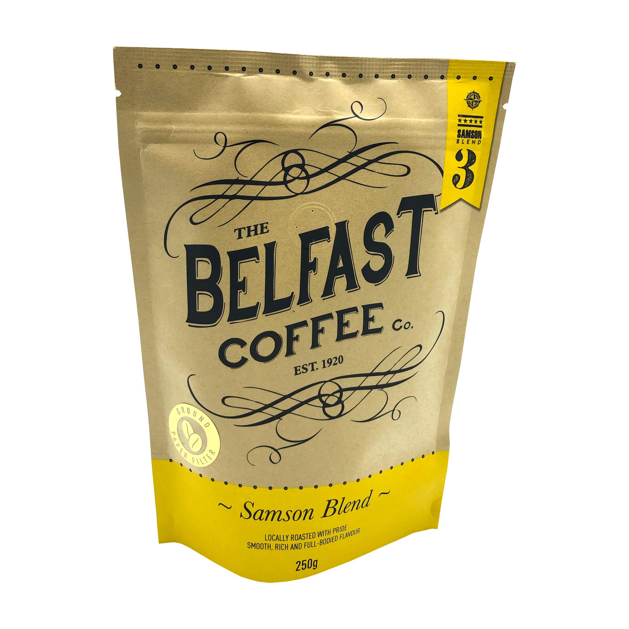 Belfast Coffee Co. Samson Blend Locally Roasted with Pride Smooth, Rich and Full - Bodied Flavour provide a good taste of Dark Chocolate and Caramel to your coffee (Ground Filter Paper)