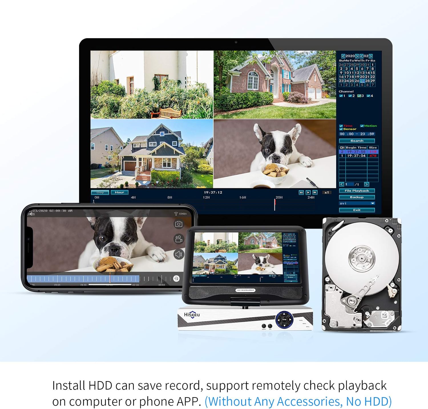 【No HDD】 10" LCD Wireless WiFi NVR, 16CH Network Video Recorder, Motion Detection Area Setup, Continuous 24/7 Recording, Compatible with Hiseeu Eseecloud 1080P/3MP/5MP Wireless Security Cameras