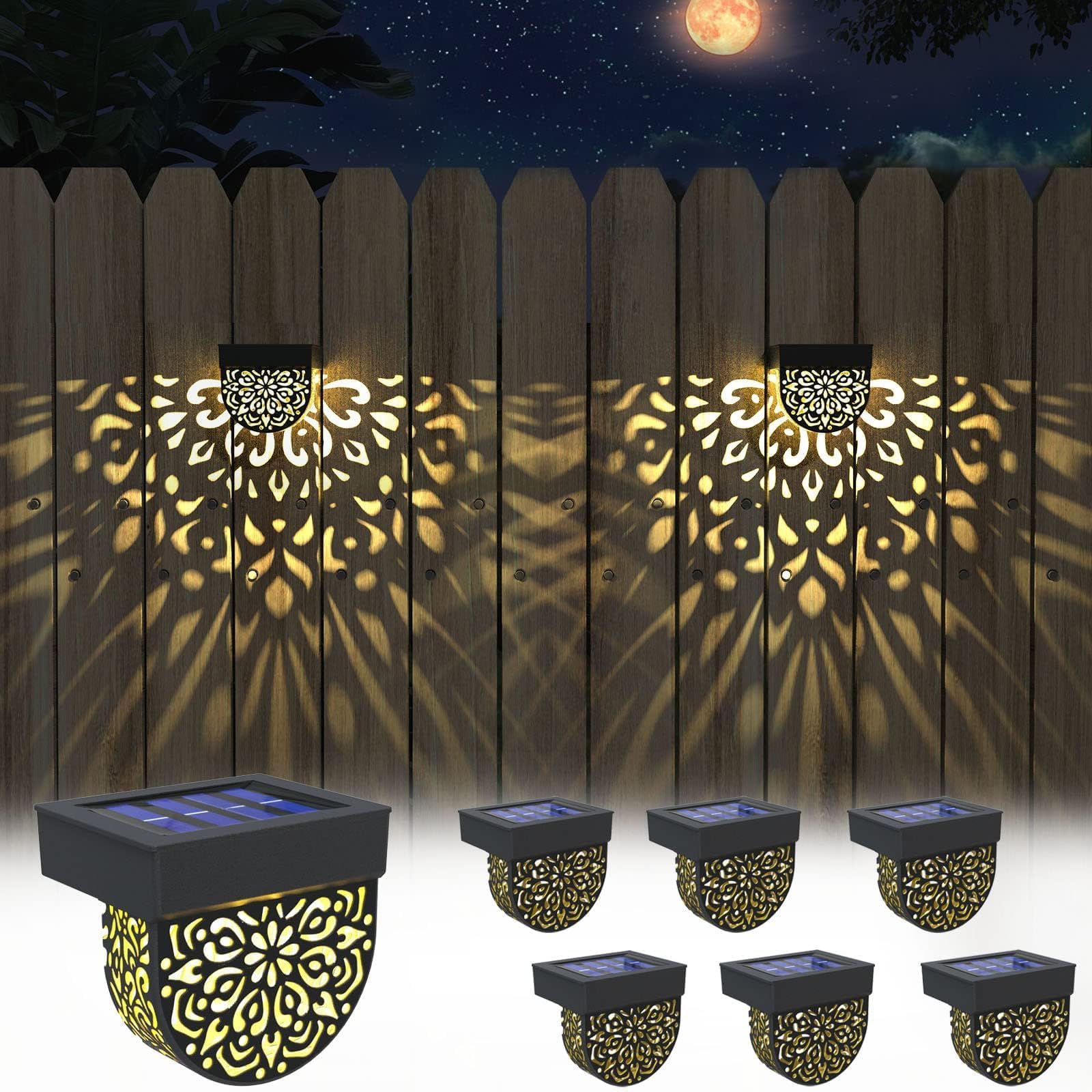 Solar Fence Lights 6 Pack Solar Deck Step Wall Lights Outdoor Waterproof LED Decorations Warm Yellow Light Decorative Lighting for Garden, Front Door, Backyard (Black 1)