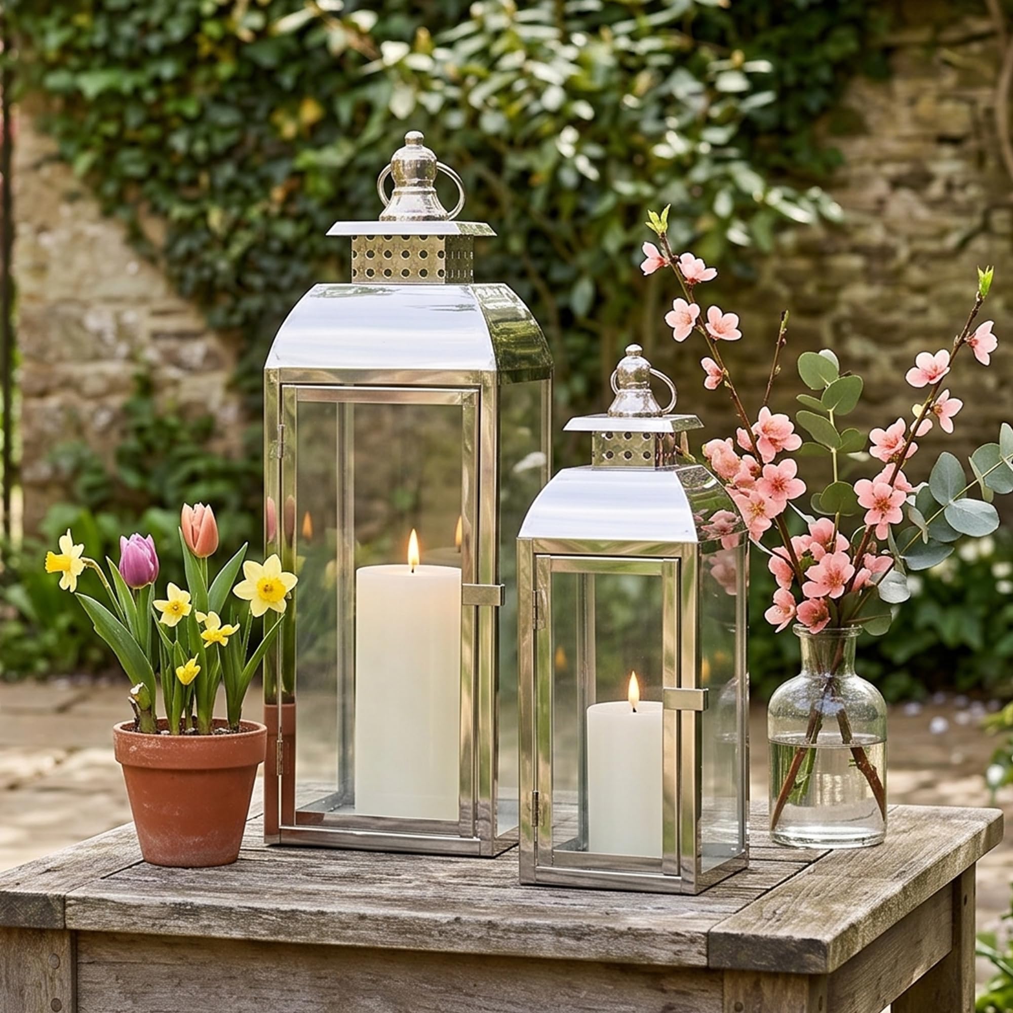 JHY DESIGN Edelstahl Hängende Kerzen Laternen, 52cm & 38cm Hoch 2er Set Pagode Kerzenlaternen Große Kerzenhalter für Indoor Party Hochzeit Wohnzimmer Graden Eingangsbereich Outdoor Balkon(Silber)