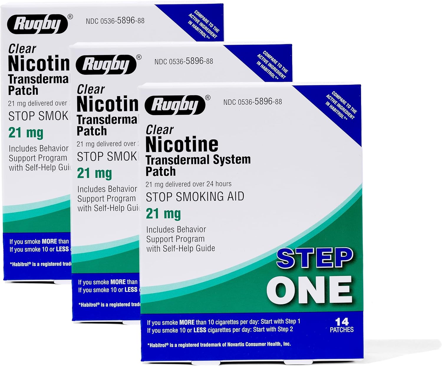 Rugby Clear Nicotine Patches - 21mg Transdermal System Patch - Smoking or Vaping Quitting Aid - Step 1-14 Count (3 Pack)