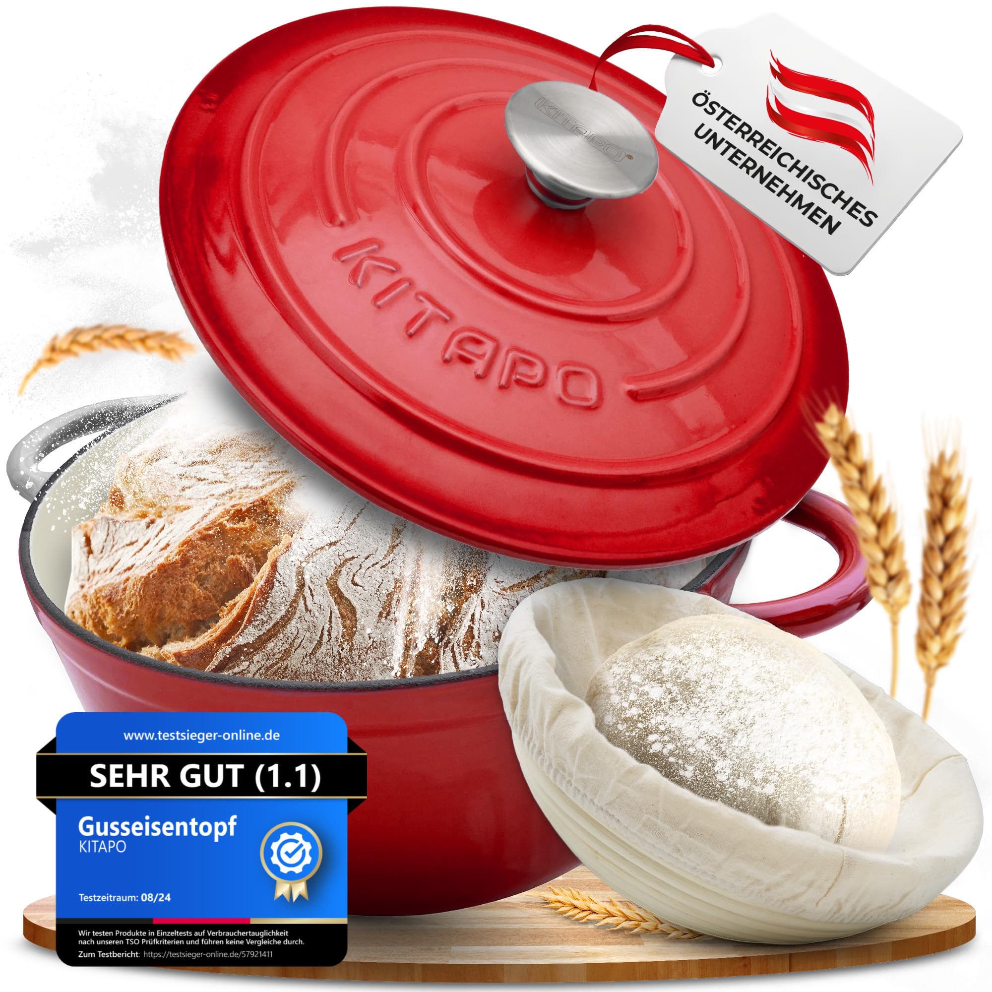 Pentola in ghisa [incl. cestino per la lievitazione + panno per impasto] – Pentola smaltata di alta qualità 24 cm – ideale per cuocere il pane in ghisa – pentola per pane in ghisa – accessorio