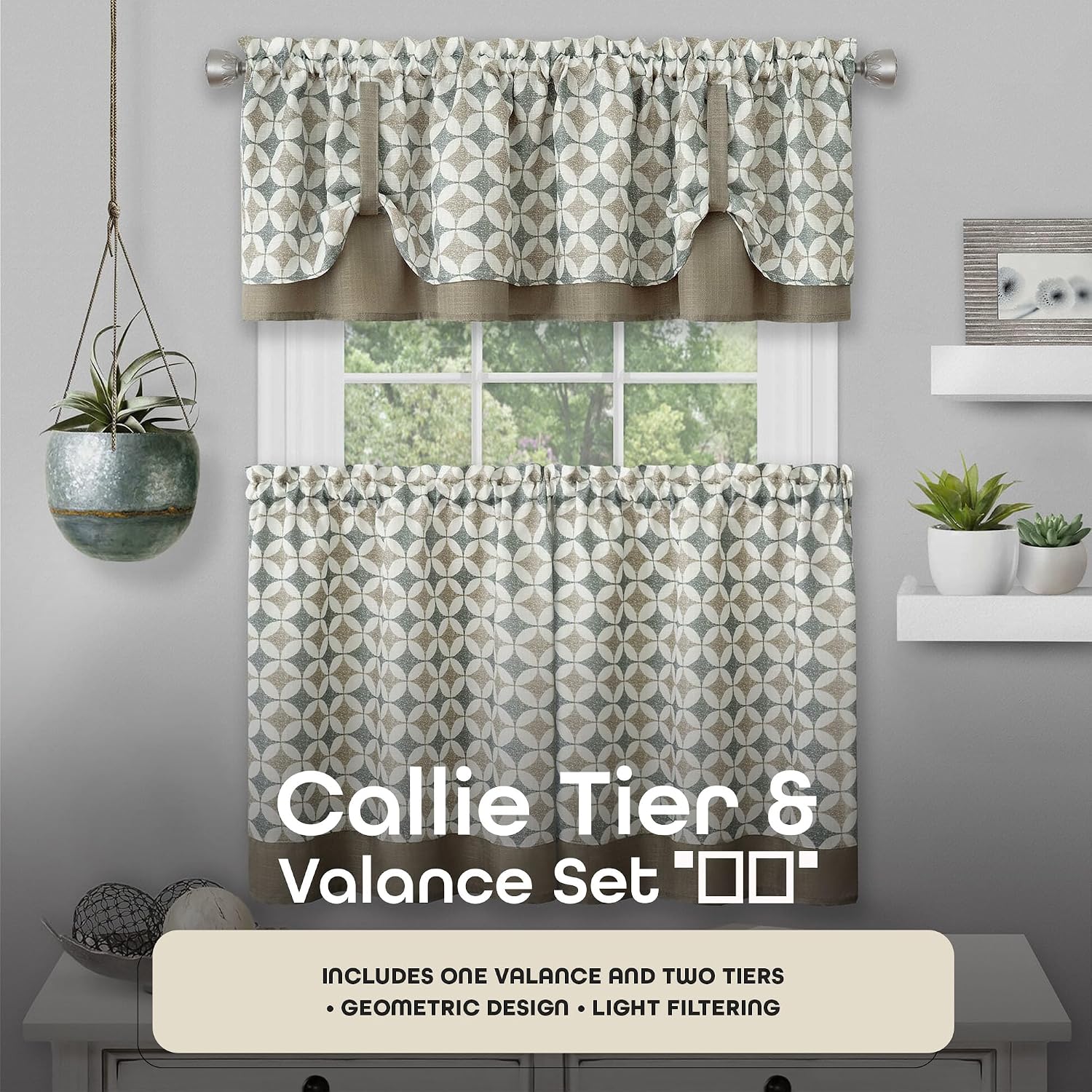 ACHIM Light Filtering Printed Tier & Valance Window Curtain Set - 58 Inch Width, 24 Inch Length - Callie (Taupe/Silver), Machine Washable Drape for Kitchen, Living, & Dining Room Home Decor