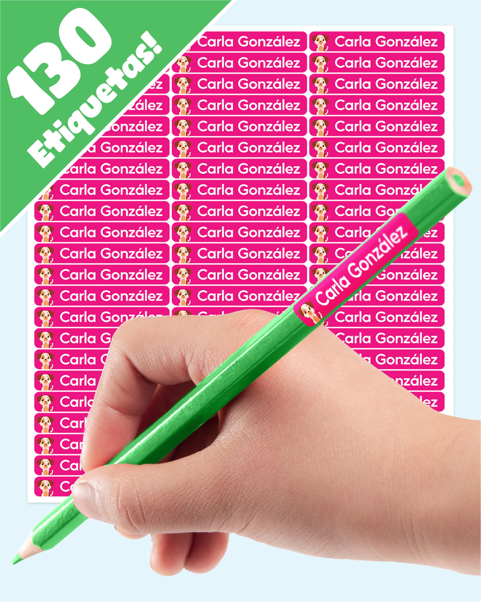 LabelTiger® Pegatinas Personalizadas para marcar lápices y bolígrafos - 130 Unidades, Autoadhesivas y Resistentes al Agua, para Niños en la Escuela y la Guardería - Rosa