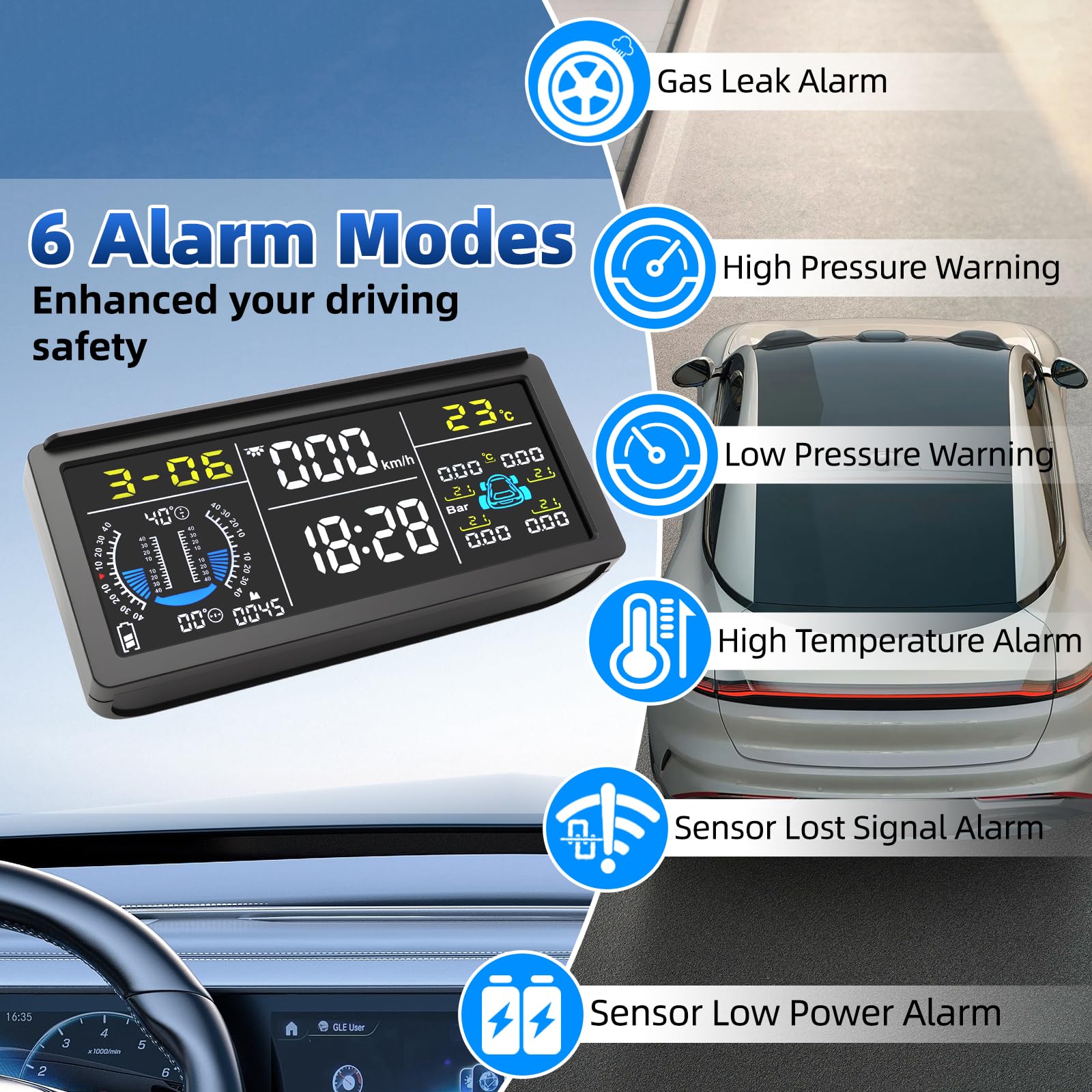 Sistema de Monitoreo de Presión de Neumáticos TPMS 0-199psi, Solar USB, Sensores de Núcleo de Cobre, 6 Modos de Alerta Incluyendo Alerta de Exceso de Velocidad Vehículo Remolque Caravana