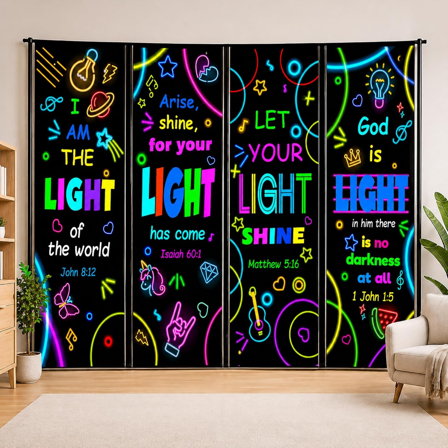 Tudomro 4 Pack VBS Bible Verse Banner Set Welcome to School Decor 24x73 Inch Neon Light Christian Scripture Backdrop Banners for Sunday School VBS Church Party Religious Gifts Home Wall Decor