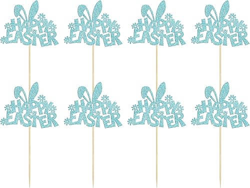 Miniatura 3 de Gyufise 24 piezas de decoración para cupcakes de Pascua con purpurina azul de conejo, para cupcakes, decoración para fiesta de cumpleaños de niños
