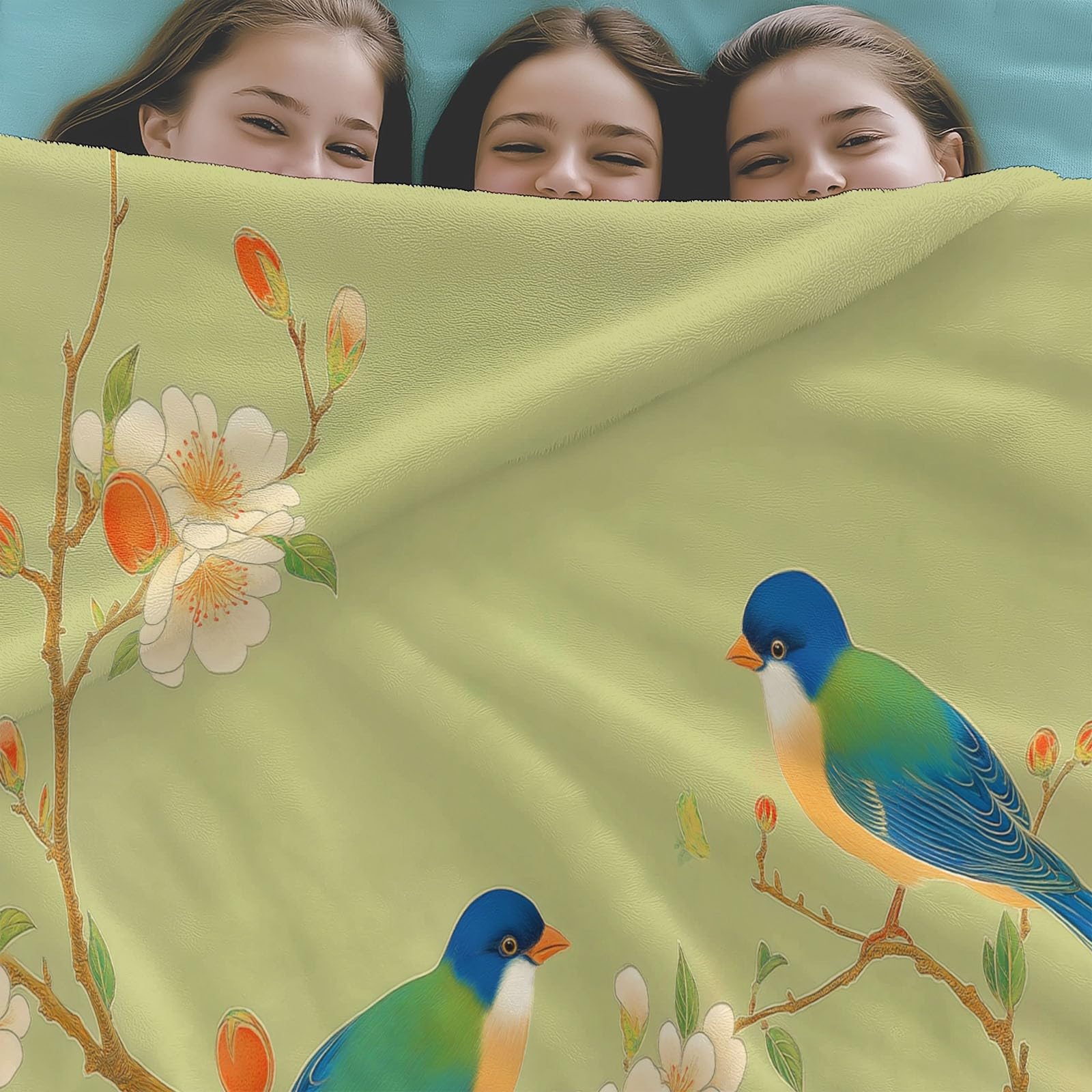 Koc polarowy z mikrofibry 220 x 240 cm, rośliny wiśni ptaki nadruk 3D miękki pluszowy koc na łóżko dla dorosłych i dzieci, kemping, żółto-zielony