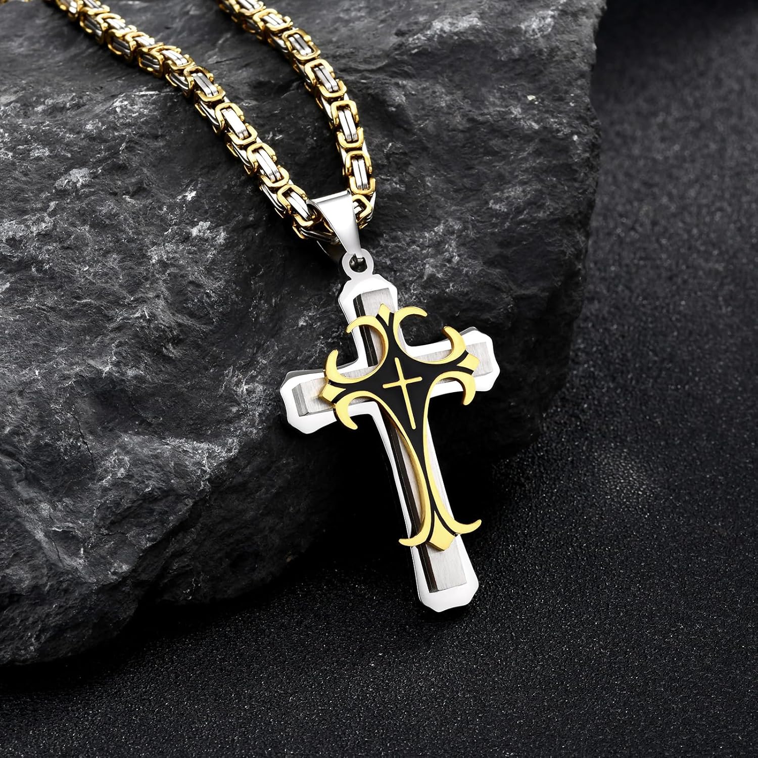 MEALGUET Stainless Steel Crucifix Cross Pendant Necklace,Men's Cross Necklace with Chunky Byzantine Chain/Rolo Chain, Gift for Men - Image 3