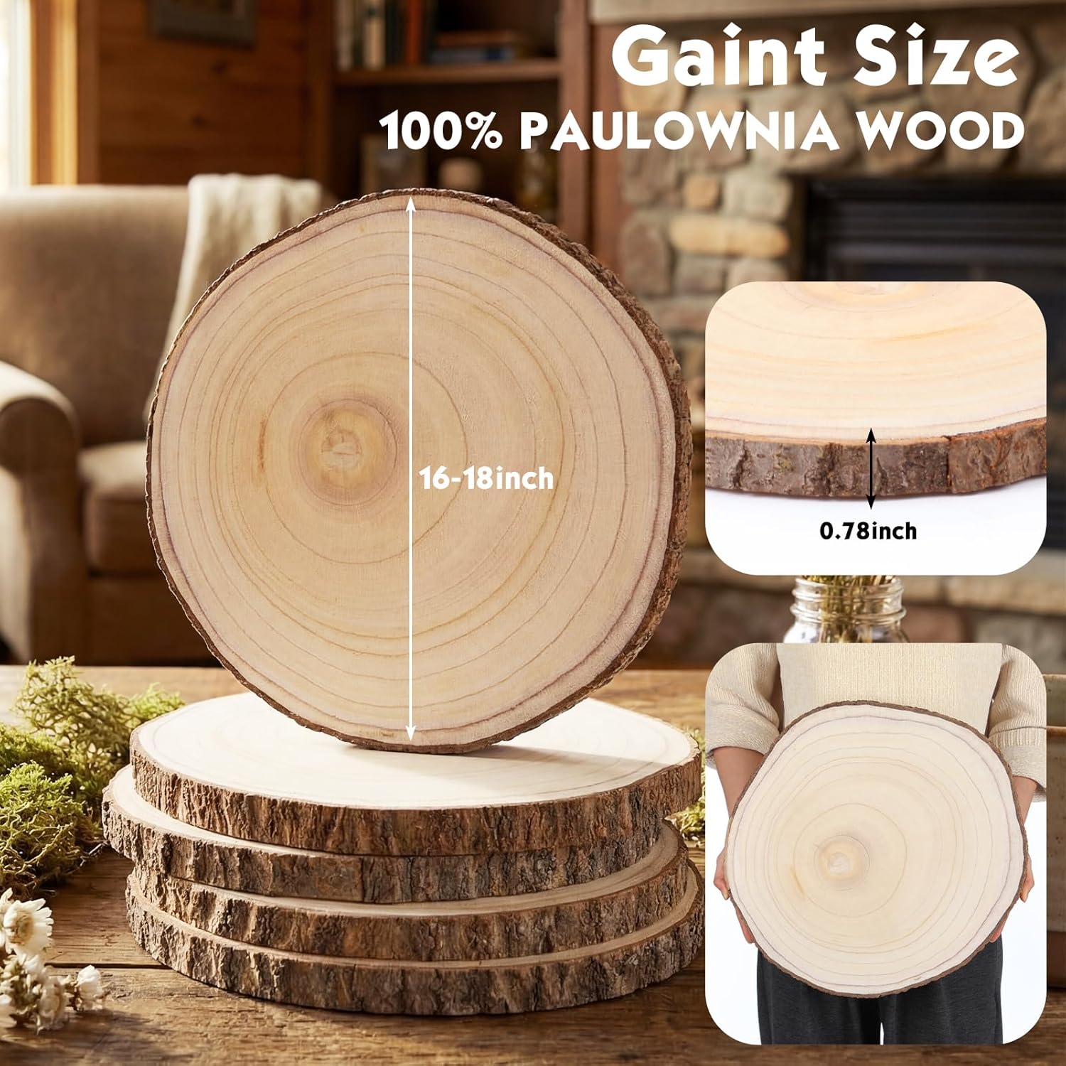 Yousoontic 4 Pcs Giant Rustic Round Wood Slices Large Unfinished Natural Wood Round Circles with Tree Live Edge for Crafts Wedding Centerpieces Farmhouse Table Decor(18 Inch)
