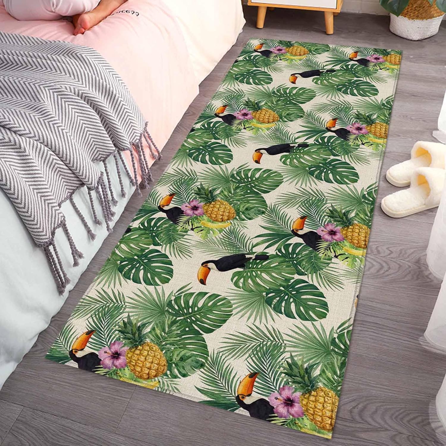 Teamery Kitchen Mats for Floor Summer Tropical Green Monstera Washable Non Slip Kitchen Rugs 1PCS, Toucan on Retro Linen Absorbent Standing Mats for Sink Bathroom Office Living Room 15.7x47.2in