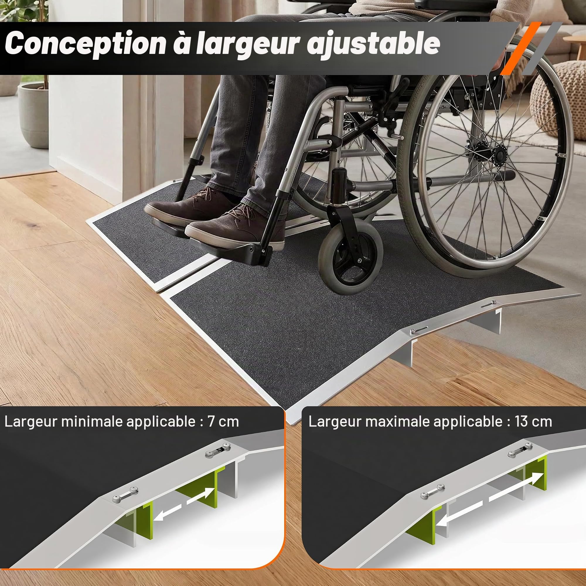 Lot de 2 rampes de seuil de porte - 30 x 43 cm - Rampe de fauteuil roulant réglable en aluminium - Pour passages de porte de 7 à 13 cm de large - Antidérapante - Pour fauteuil roulant, vélo - Charge
