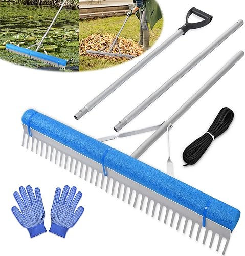 Rastrillo flotante para malezas en el lago, rastrillo de aluminio de 36 pulgadas con mango ajustable, cuerda de 33 pies y flotador, eliminación de