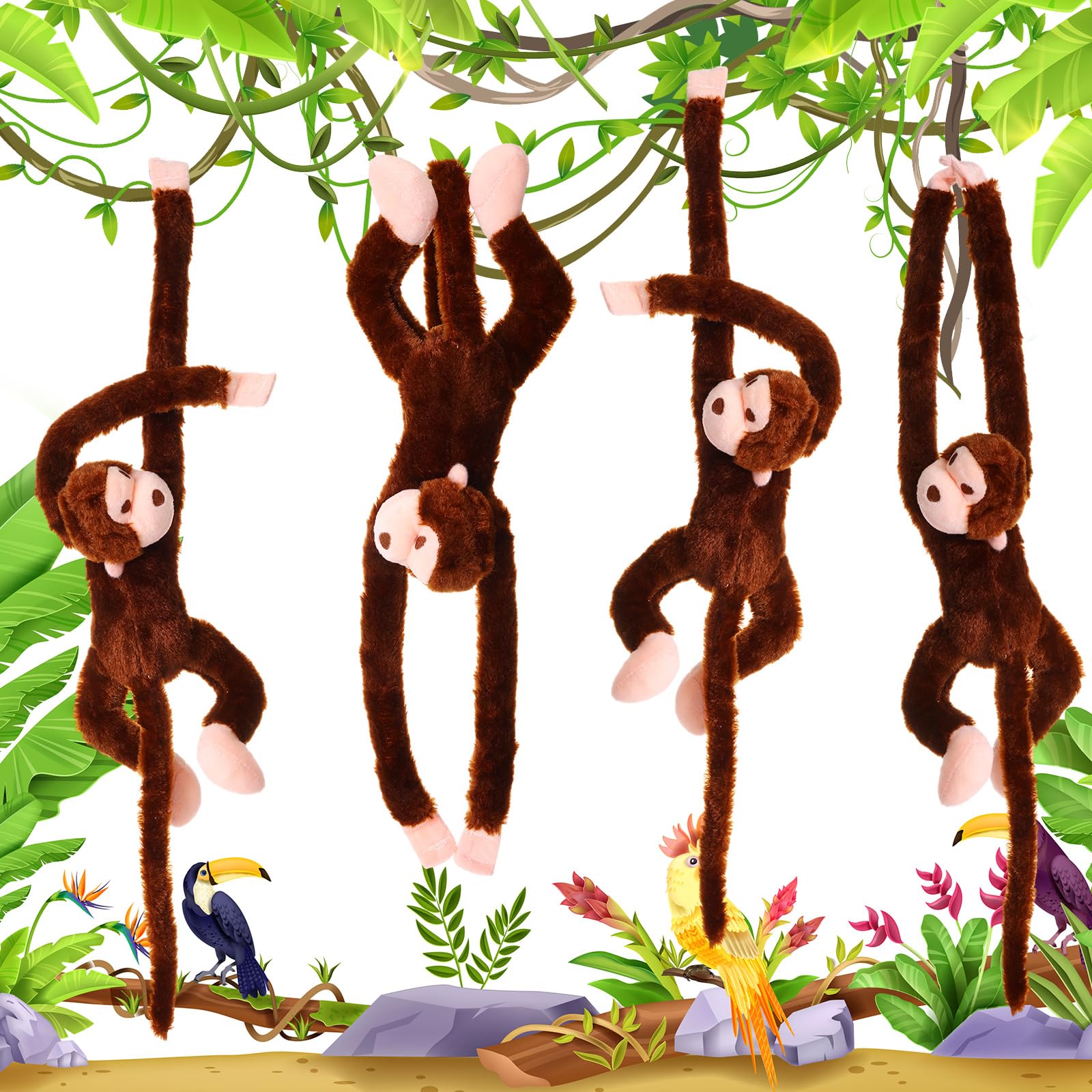 Chivao Set of 4 Stuffed Monkey Hanging Stuffed Animal Monkey Plush Toy Large Animal with Loop for Gifts Favors