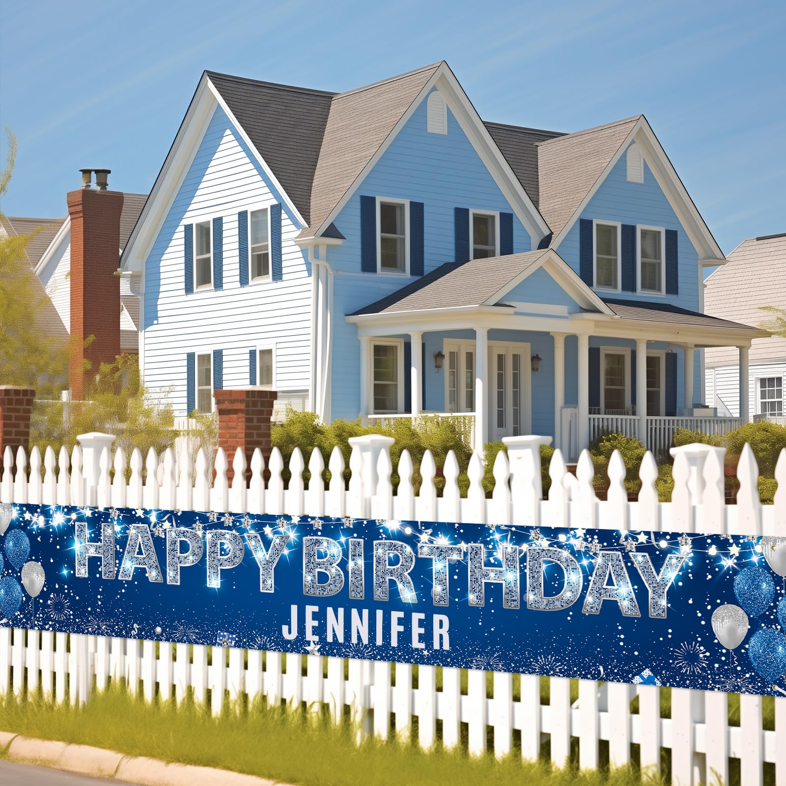 Large Blue Birthday Decorations Banner with Personalized Letter Stickers Custom Navy Blue Silver Happy Birthday Yard Banner DIY Birthday Sign for Men Women Birthday Party Supplies Outdoor Indoor