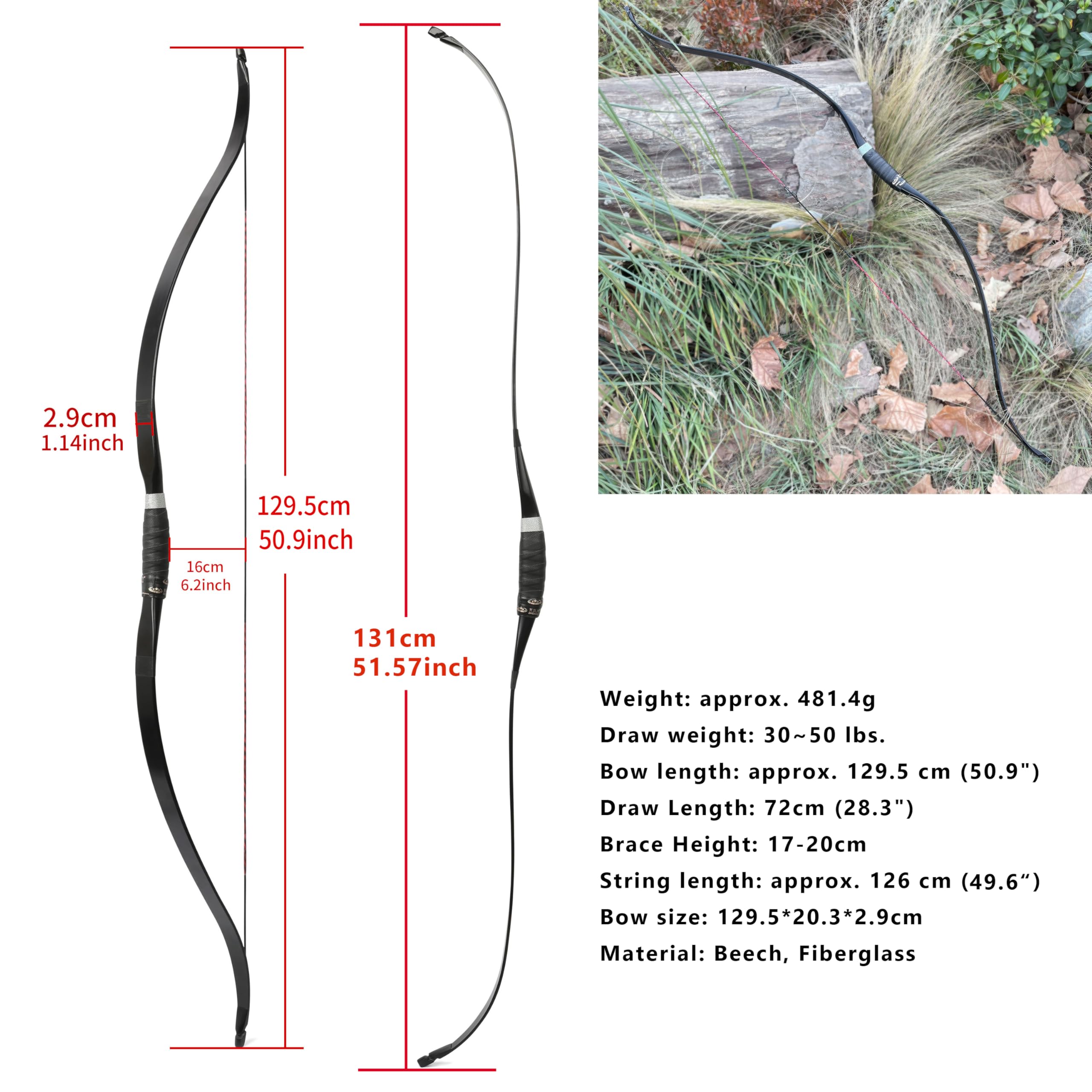 30-50lb Archerie Arc recurve Longbow 51" Arc Traditionnel Arc de Chasse Set d'arc et de flèches RH/LH pour Le tir en extérieur (Arc, 30 lbs)