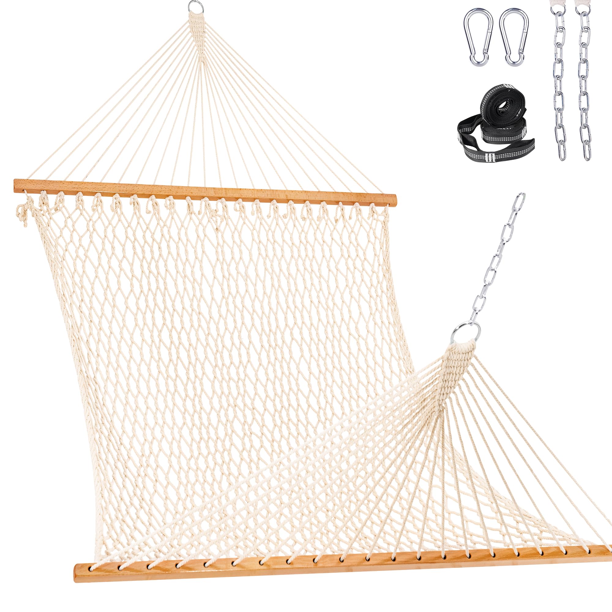 Lazy Daze Hammocks Double Rope Hammock, 2 Person Traditional Outdoor Hand Woven Cotton Rope Hammock with Spreader Bar, Chains, Tree Straps for Patio Yard - Max 450 Lbs, Natural