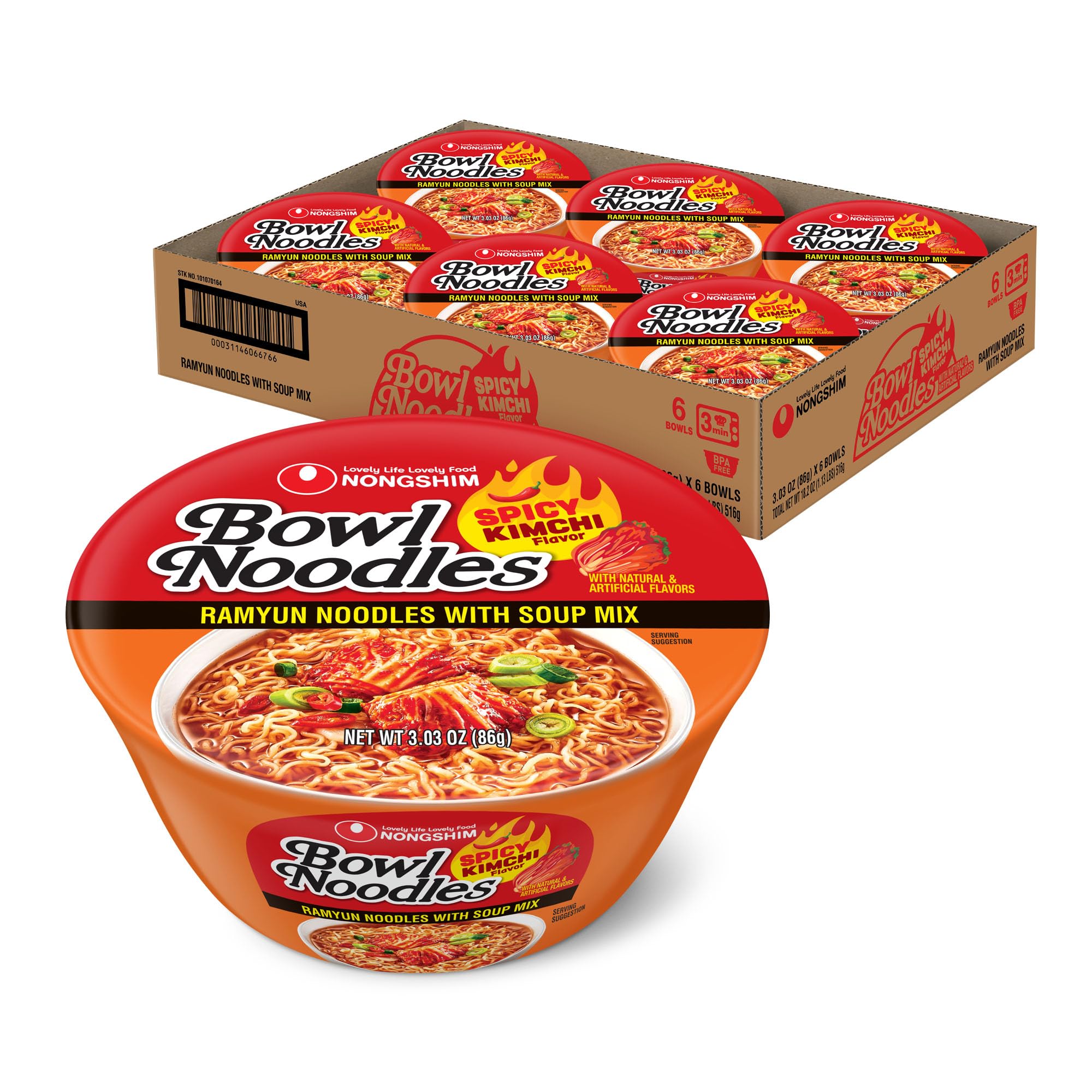Nongshim Ramen Noodles, Gourmet Instant Ramen bowl, Premium Microwavable Noodle Soup, Kimchi, 3.03 Ounce (Pack of 6)