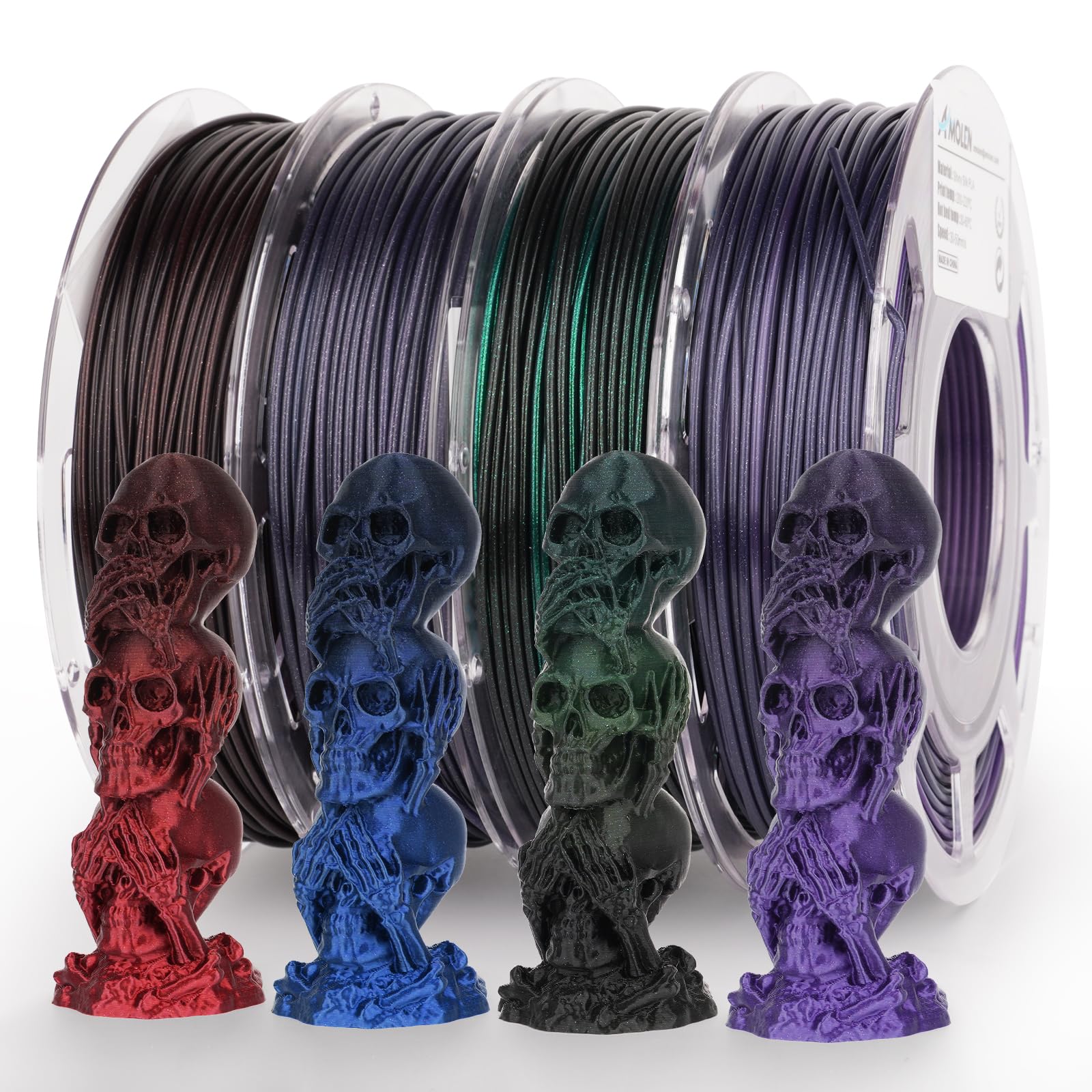 AMOLEN PLA 3D Printer Filament,PLA Filament 1.75mm,Silk Shiny Filament Bundle, Black Red, Blue,Purple,Green, 3D Printing Filament Bundle, 200gX 4 Spools