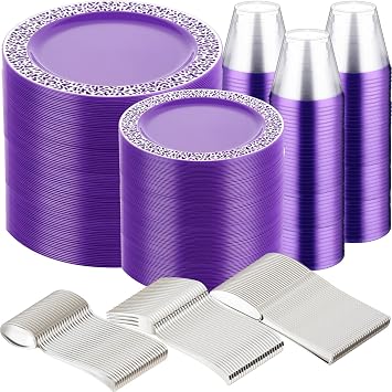 Suclain Purple 600 Pcs Plastic Plate Dinnerware Set for 100 Guests Including Silver Rimmed Plates, Salad Plates, Silverware Set and Plastic Cups for Party Wedding Birthday