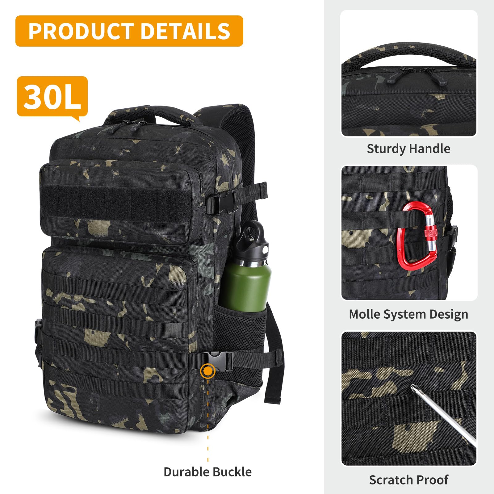 HUNTVP Militär Rucksack Herren 30L Taktischer Rucksack Molle Wanderrucksack Tactical Backpack Sportrucksack Bundeswehr Wasserdicht Daypack für Wandern Camping Outdoor,30L-Camouflage