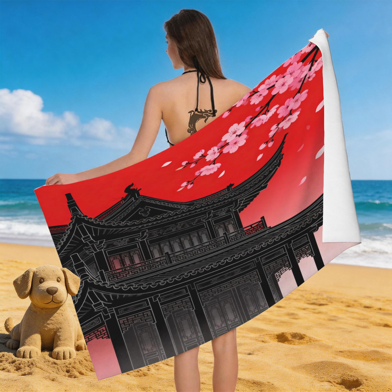 Leichong 3D Chinese Architecture Beach Towel Large Microfiber Soft Quick Dry for Adults, Chinese Style Bath Towel Lightweight Soft Absorbent for Travel Swimming Pool Sports, 80 x 160 cm