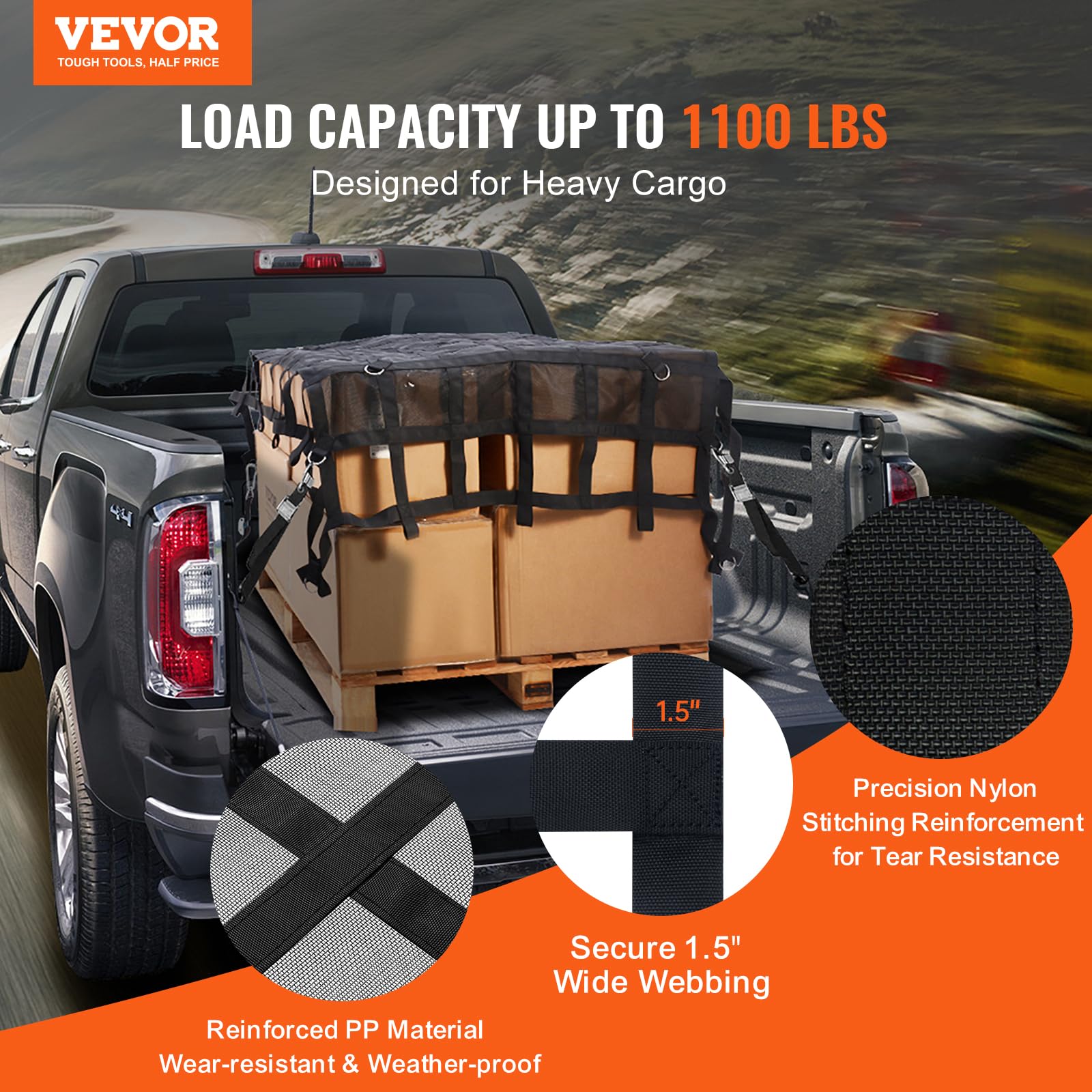 VEVOR Rete di Carico, 1830 x 1450 mm Rete di Carico per Camion ad Alta Resistenza per Cassone di Camion, 4 Cinghie Regolabili, Moschettoni e Ganci a S, Resistente all'Usura e alle Intemperie, per SUV