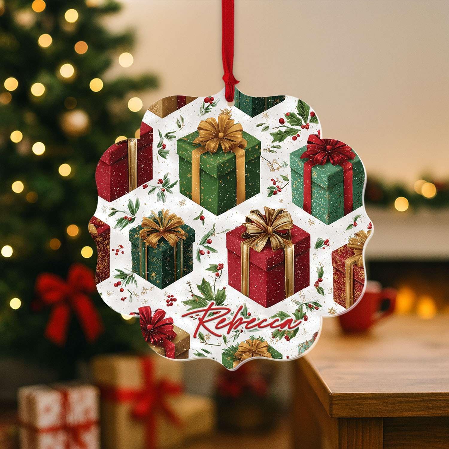 Gift Boxes 2D Acrylic Ornament, Customized Name Holiday Hanging Tag, Personalized Shaped Festive Present Decor, Gift Box Hanging Plaque, Custom Christmas Ornament