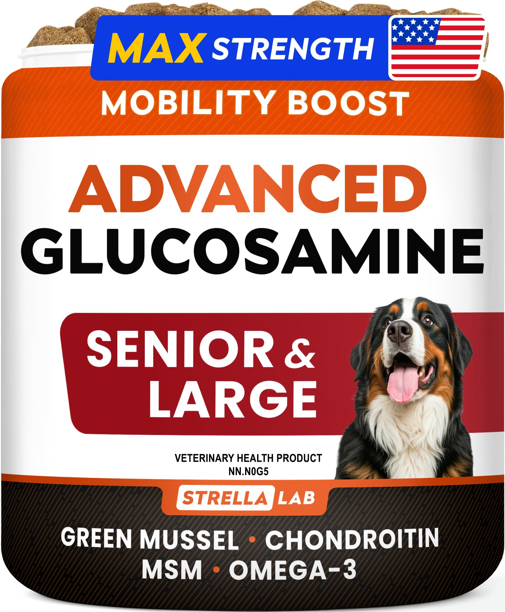 Advanced Glucosamine for Dogs w/Chondroitin, Collagen & Green Lipped Mussel - Max Strength Hip and Joint Supplement for Dogs - Joint Pain Relief - Large & Small Breed - Bacon - 120Ct