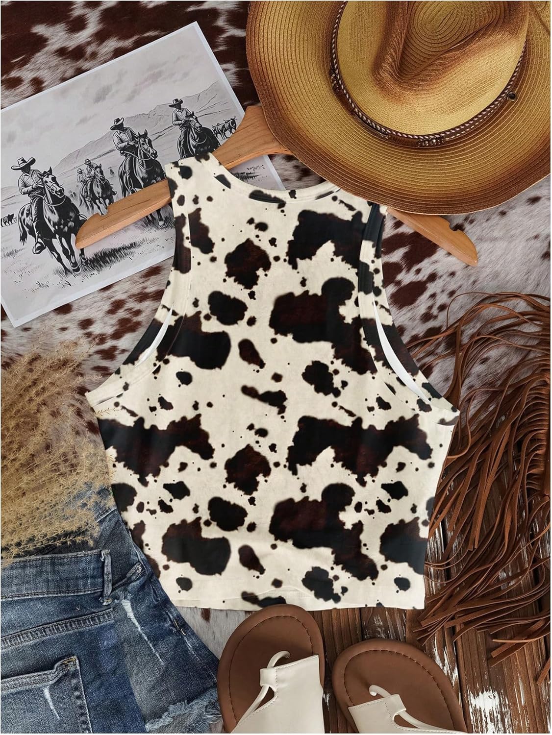 RoseSeek Women's Cow Print Tank Top Sleeveless Crewneck Fitted Crop Tops Summer Cowgirl Vest Medium Beige and Black