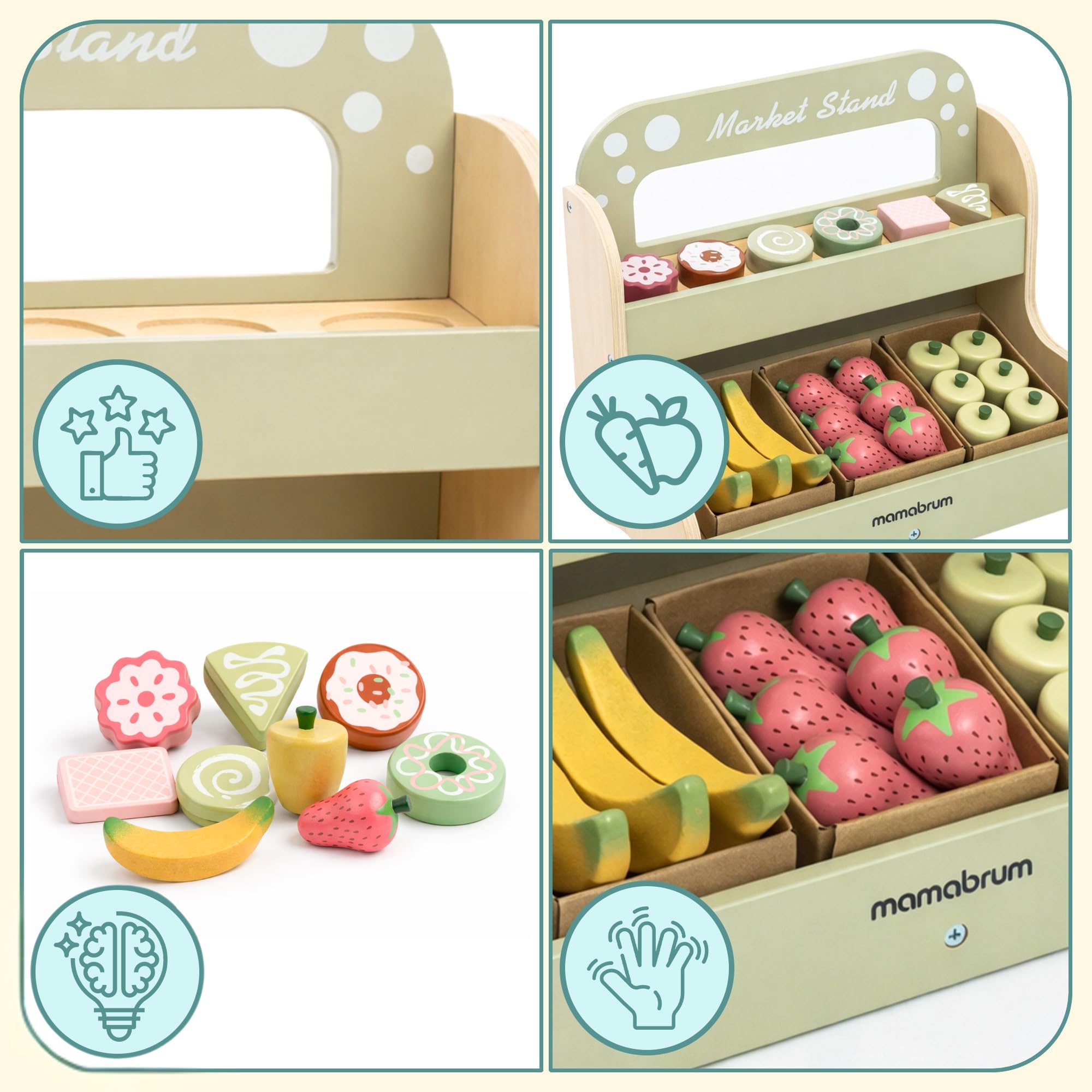 Mamabrum Holz Kinderladen Marktstand Zweistöckig Tragbar 24-Teiliges Set Obst und Dessert Rollenspiel Spielzeug für Kinder ab 24 Monaten, 17,9 x 32,0 x 27,4 cm