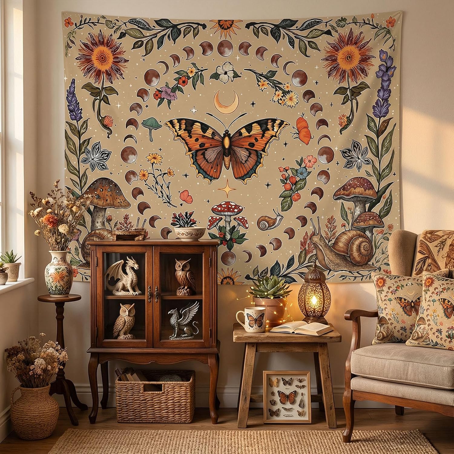 Kanuyee Vintage Butterfly and Moon Phase Wall Tapestry, Aesthetic Mushroom and Botanical Art Tapestries for Room Decor, Cottagecore Tapestry 90"x70"
