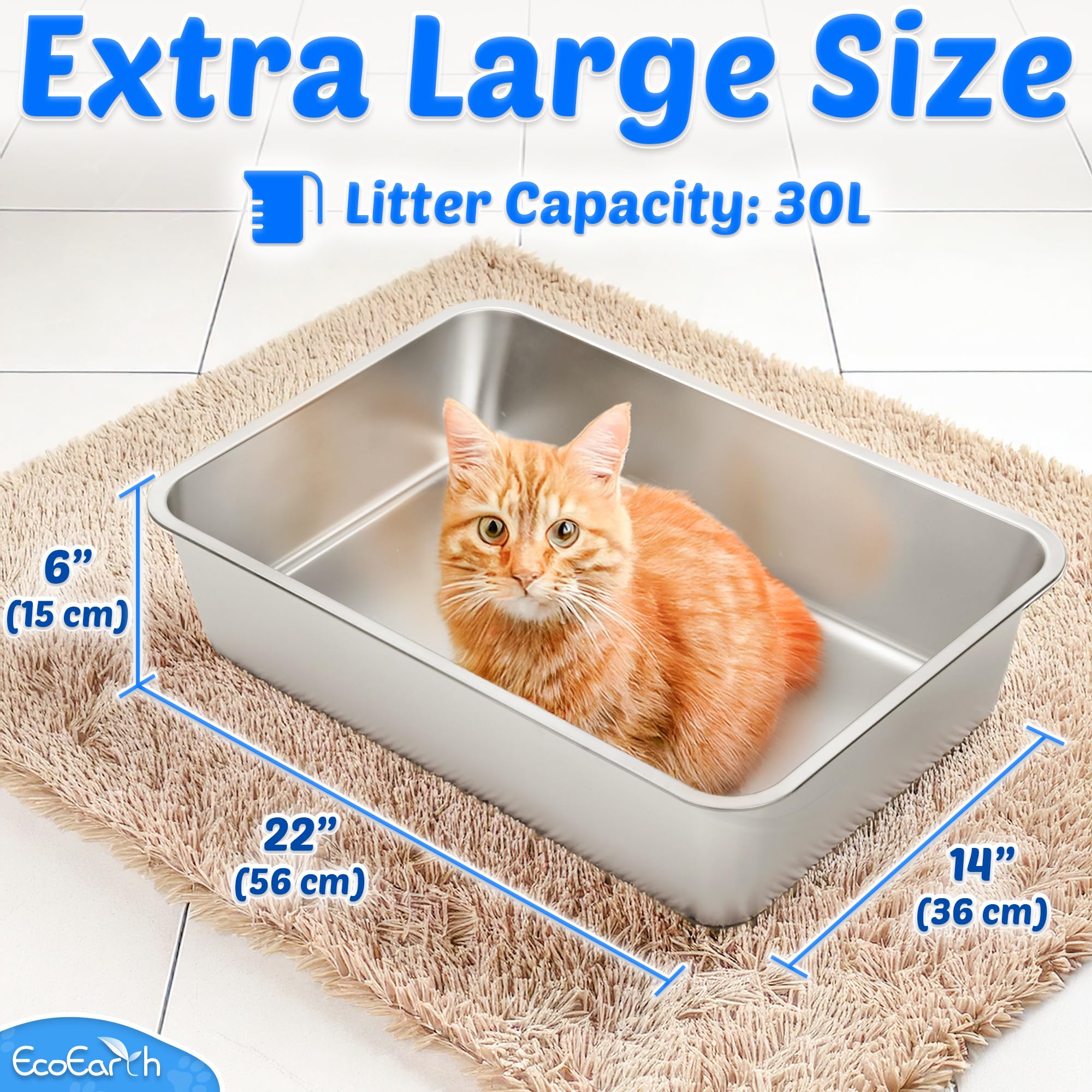 Lettiera Per Gatti In Acciaio Inossidabile Extra Large - 56x36x30 Cm, Bordi Alti 15 Cm, Set Completo Con Paletta E Scala