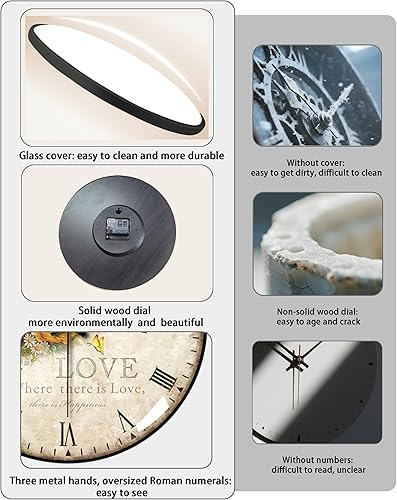 Miniatura 5 de Relojes de pared decorativos que funcionan con pilas, reloj de pared retro con esfera de cristal, esfera de 12 pulgadas con números romanos,