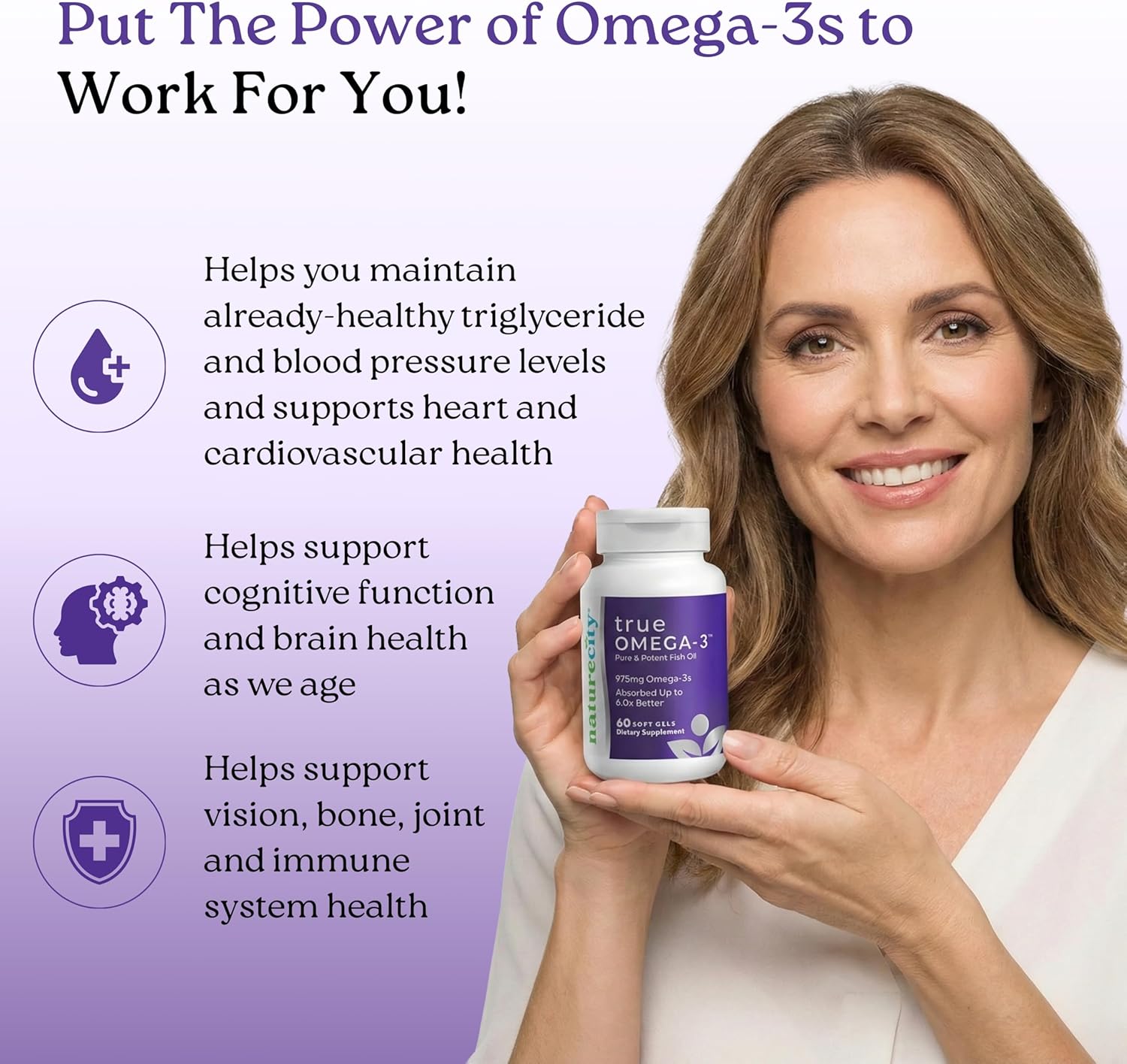 NatureCity True-Omega-3 975mg Omega-3 Fish Oil Supplements with Enhanced Absorption from AquaCelle for Heart, Brain & Joint Support (60 SoftGels) Burpless Fish Oil Pills