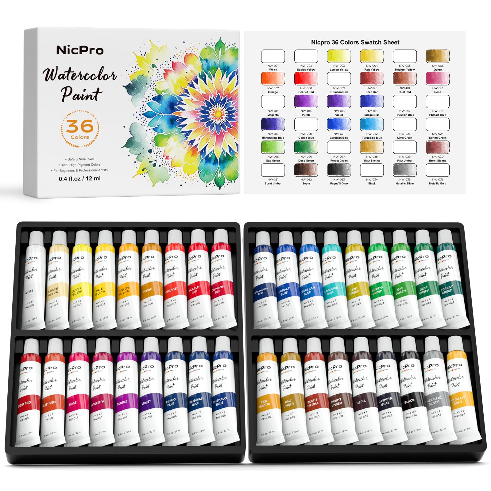 Nicpro Watercolor Paint Set for Adults, 36 Colors Watercolor Paint Tube