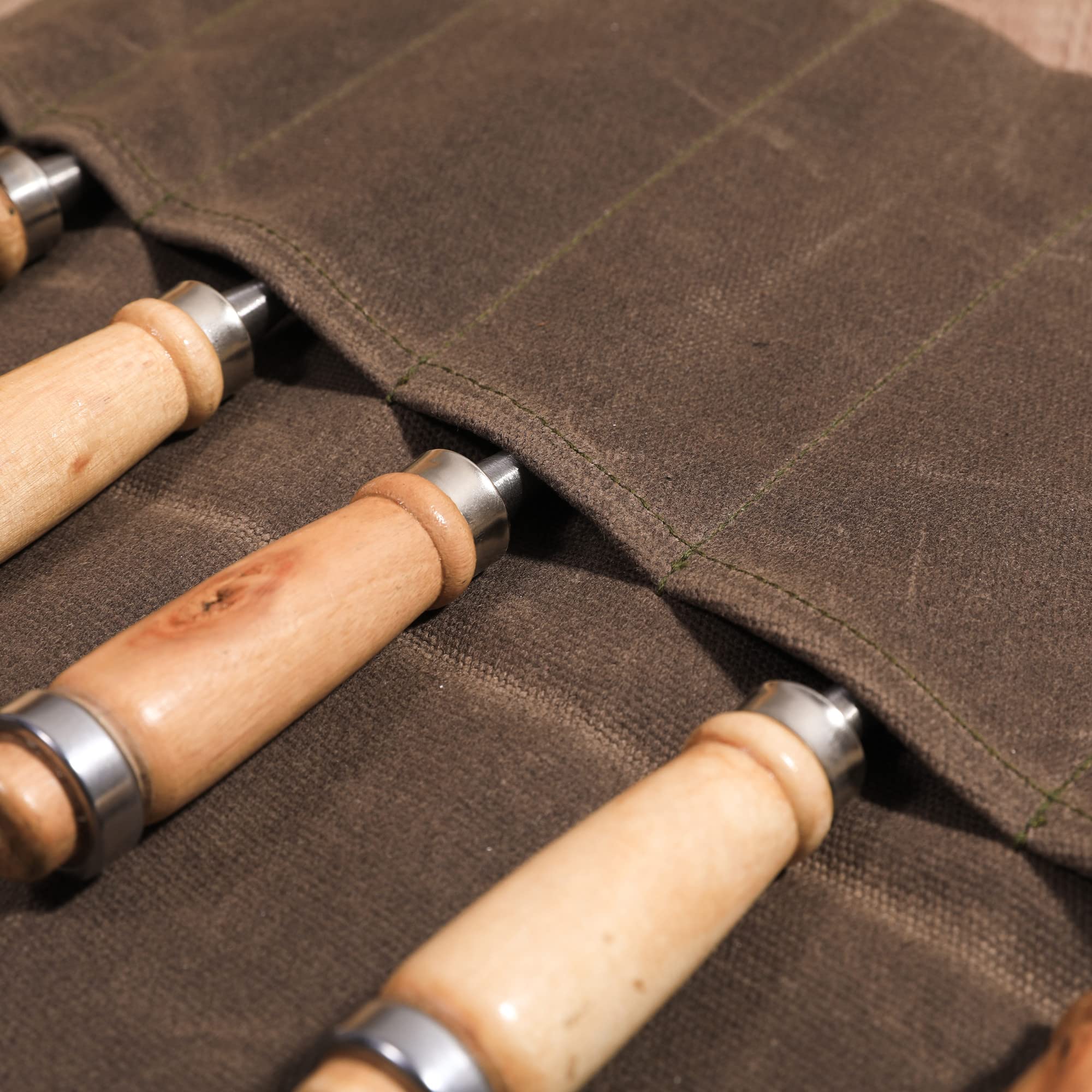 Rollo de herramientas con 6 bolsillos, bolsa enrollable de lona encerada para cinceles, martillos, plantillas de pesca, cuchillo de talla (gris)