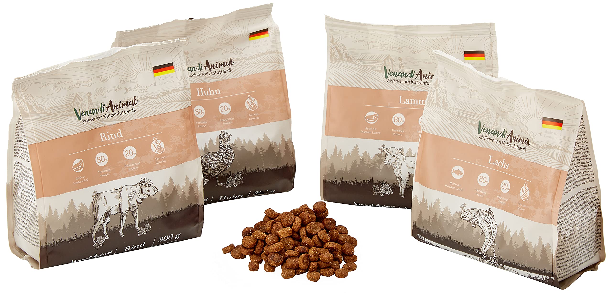 Venandi Animal Premium Trockenfutter für Katzen, Probierpaket 1, 6 x 0.3 kg, 1.8 kg & Premium Nassfutter für Katzen, Probierpaket III, 6 x 200 g, 1.2 kg