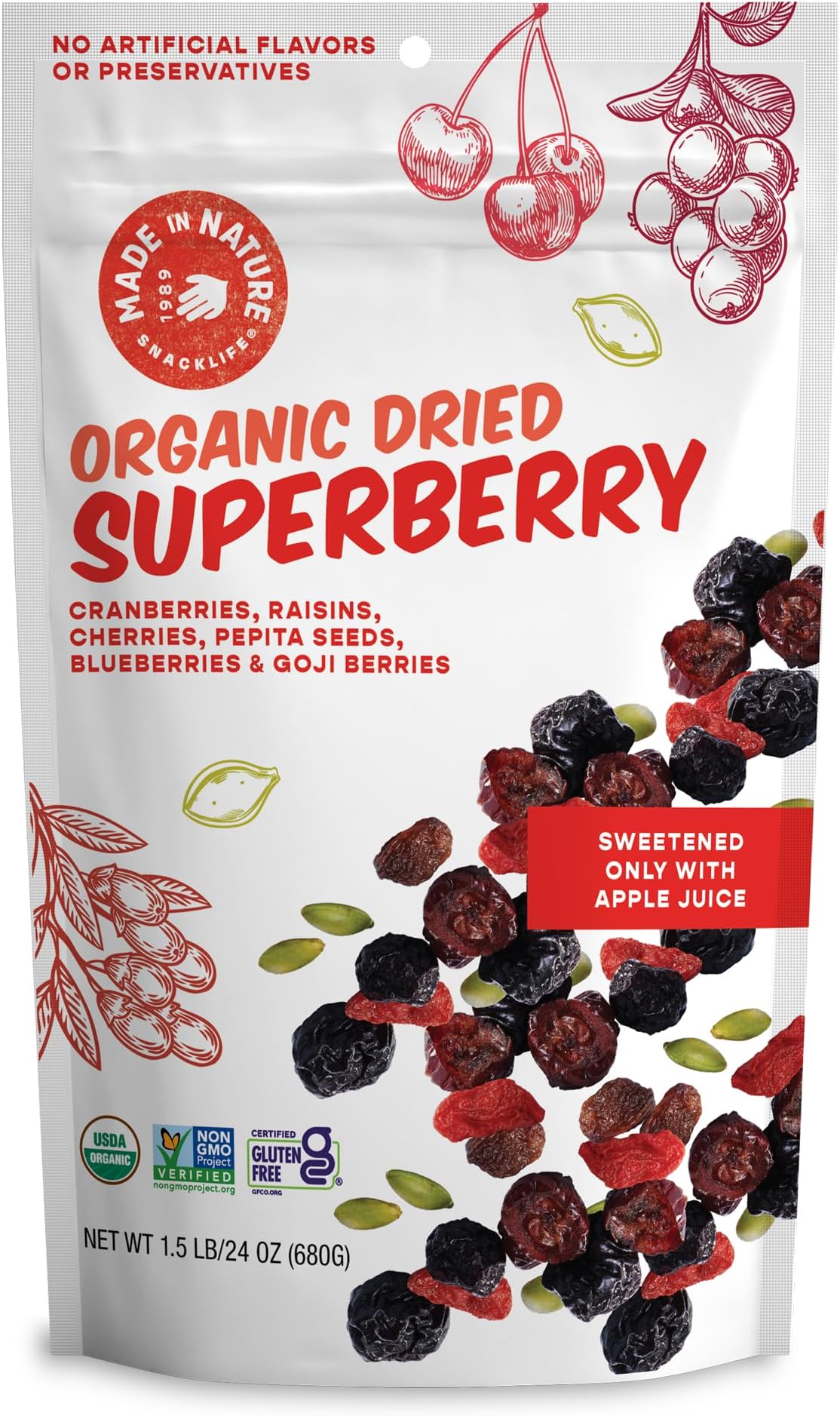Made in Nature Organic Superberry Fruit Fusion, 24 Ounce (Pack of 1) – Fruit and Nut Trail Mix, Non-GMO, Unsulfured, Gluten Free