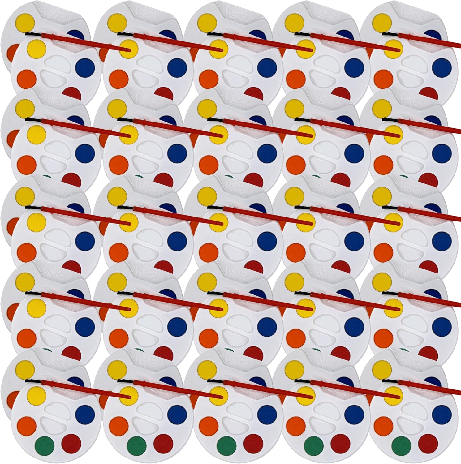 Color Swell Bulk Watercolors Round Paint Pack with Brushes - 50 Sets with 5 Washable Colors Each - Great for Kids, Classrooms, Parties, Students, Donations, Party Favors
