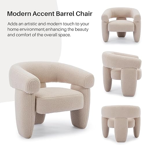 Miniatura 5 de Silla de barril decorativa moderna de mediados de siglo, cómoda silla redonda tapizada con diseño de montaje, silla de descanso Sherpa Boucle para