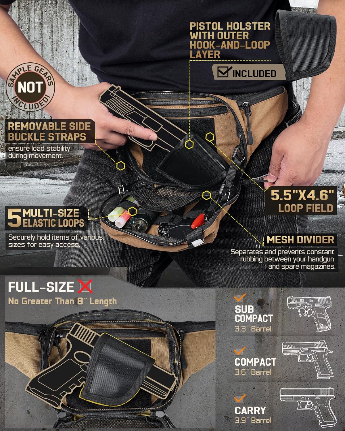 RXW Tactical Concealed Carry Fanny Pack, CCW Fanny Pack, Waist Bag for Men, Hip Bag Compact Belt Bag for Hiking, EDC Waist Pack(Adjustable Up to 60" Waist)