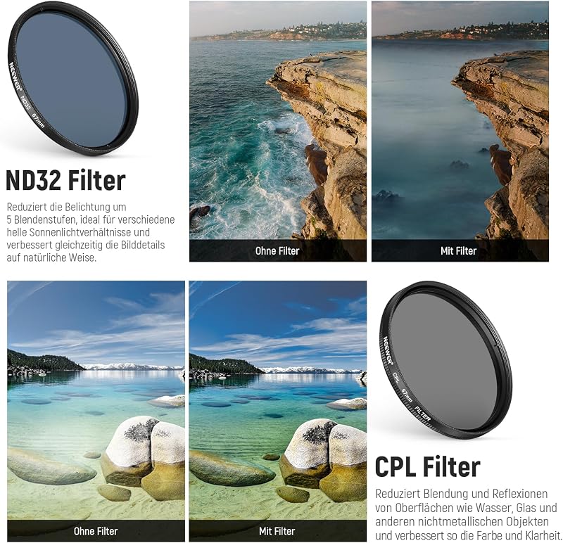 NEEWER 67mm Mobiltelefon Objektív Szűrő Szett Csiptetős Tartóval - CPL ND32 Csillag Színátmenetes Filterek iPhone Samsung