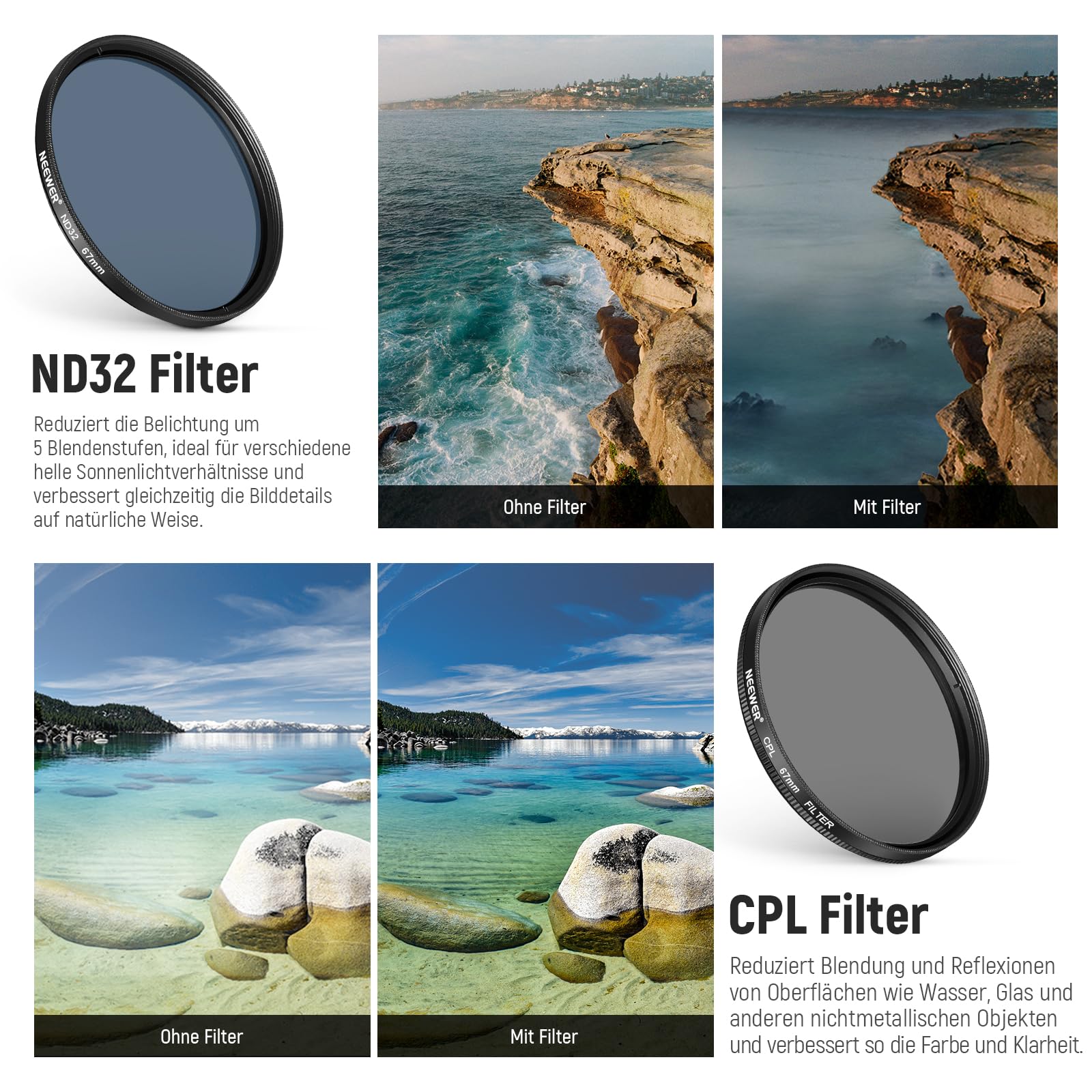 NEEWER 67mm ND Filter Kit für phones mit Cold Shoe Objektivclip, CPL/ND32/6 Punkt Stern/4 abgestuften Farbfiltern, kompatibel mit iPhone 17, 16, 16e, 15, Android, Samsung Galaxy S25 Ultra, S24
