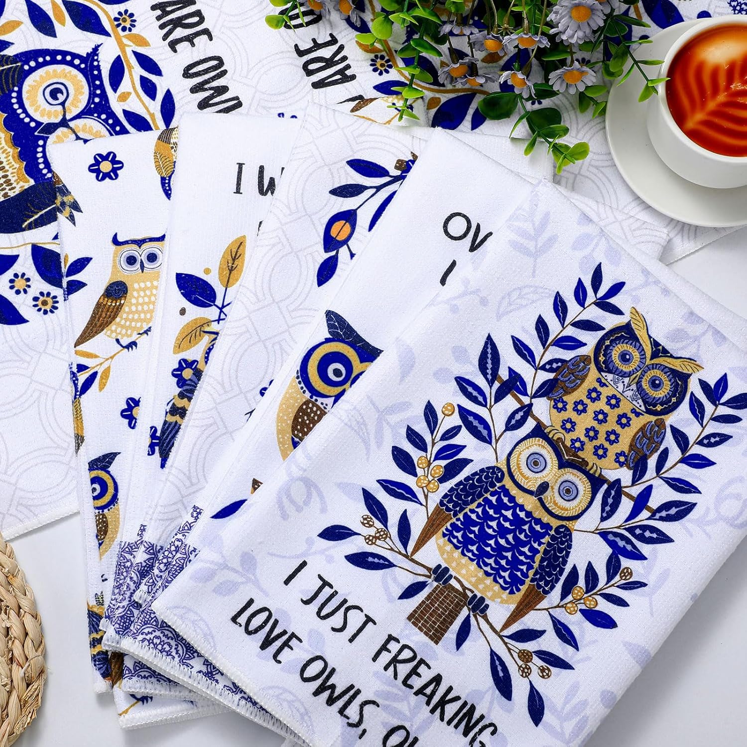 Bencailor 6 Pack Decorative Kitchen Towels Sets Hand Dish Towels Farmhouse Funny Southwest Aztec Rose Design Bathroom Tea Cloth for Home Supplies 16" x 24"(Blue White,Owl) - Image 4