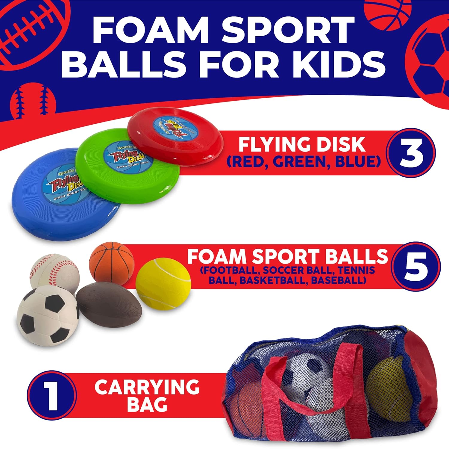 Toysery Foam Sports Balls Toddler Toys Set with Carry Bag - Includes Football, Soccer Ball, Tennis Ball, Basketball, Baseball, Kickball, & 3 Fresbee Discs - Soft Balls for Kids and Toddlers Ages 1-3 image 5 of 6 B0BWY5CN4J